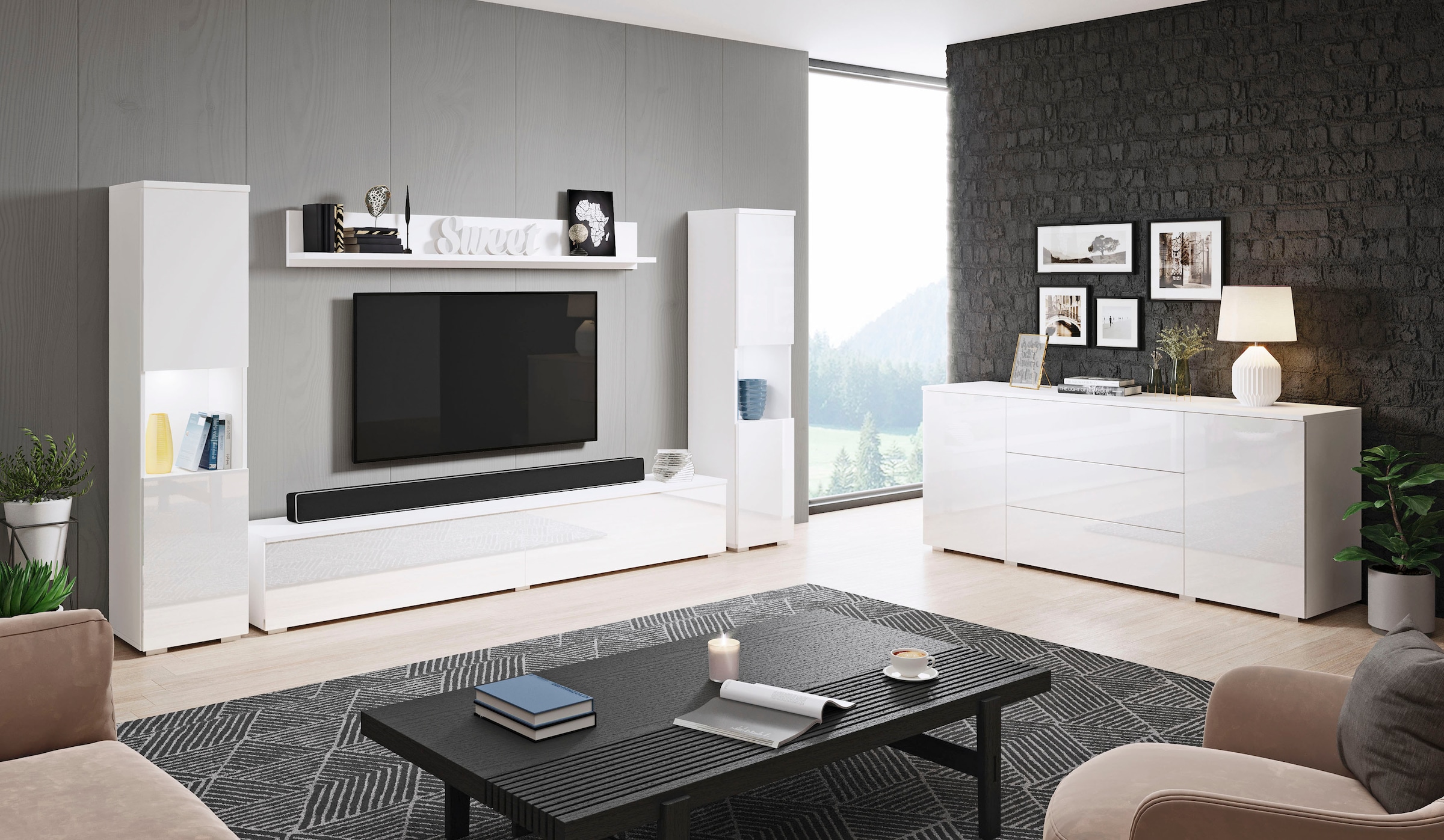 INOSIGN Wohnwand »PARIS, Vitrine Türanschlag links/rechts wechselbar«, (Komplett-Set, 4 St.), grifflose Design, stehend und hängend montierbar