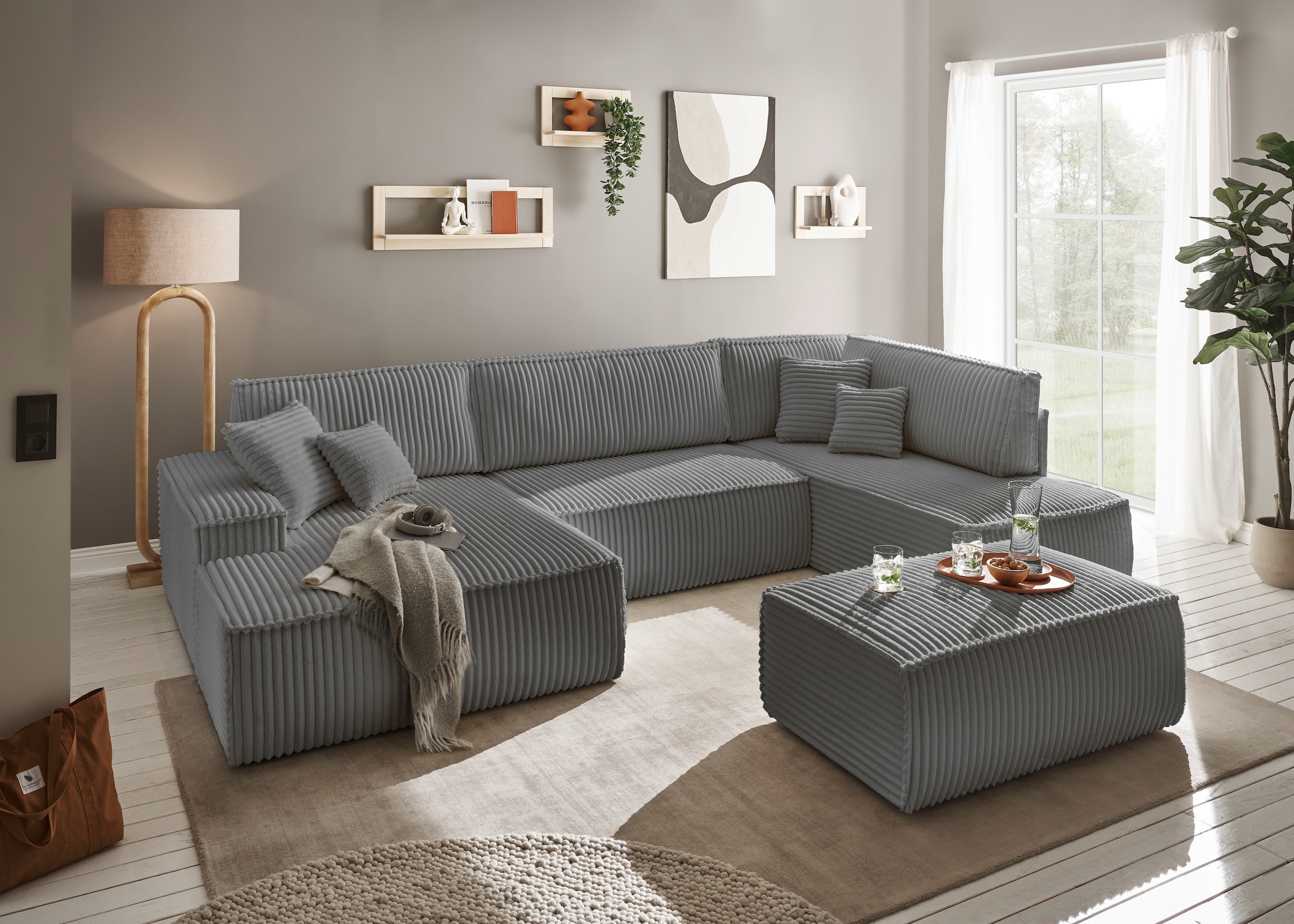andas Wohnlandschaft »FINNLEY U-Form XXL 329 cm, Schlafsofa, Schlaffunktion m. Bettkasten«, (194/139 cm), Bouclé, Struktur und Cord