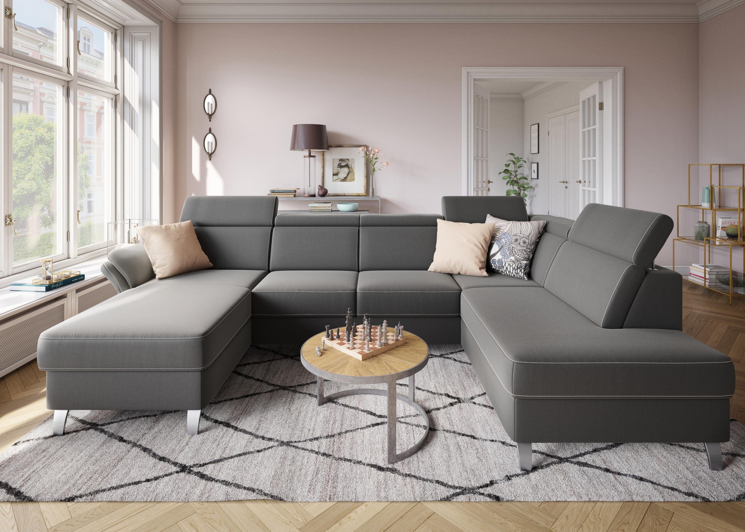 sit&more Wohnlandschaft »Vincenzo U-Form«, inklusive Kopfteilverstellung, wahlweise mit Bettfunktion, Bettkasten