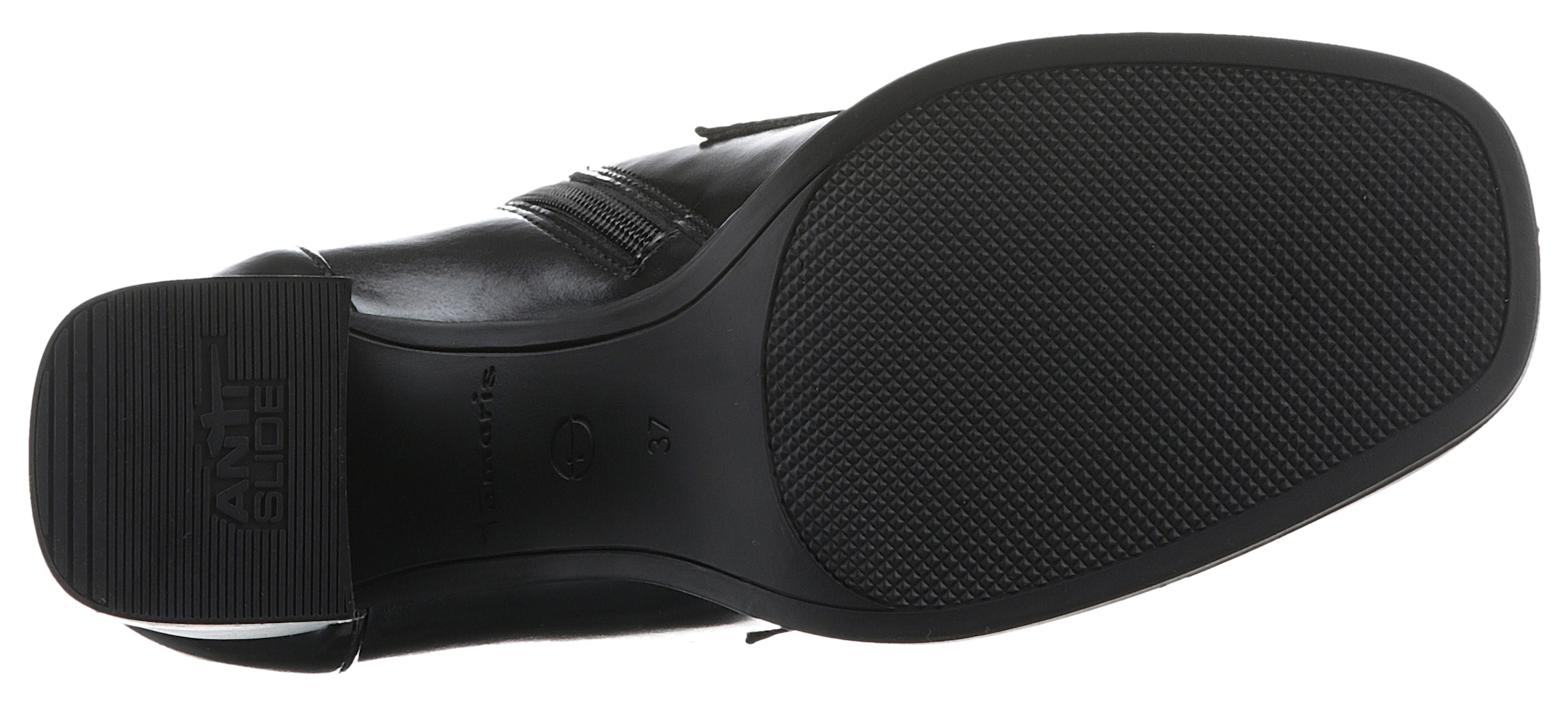 Tamaris Stiefelette, Blockabsatz, Partyschuh mit eleganter Zierkette und Logoemblem