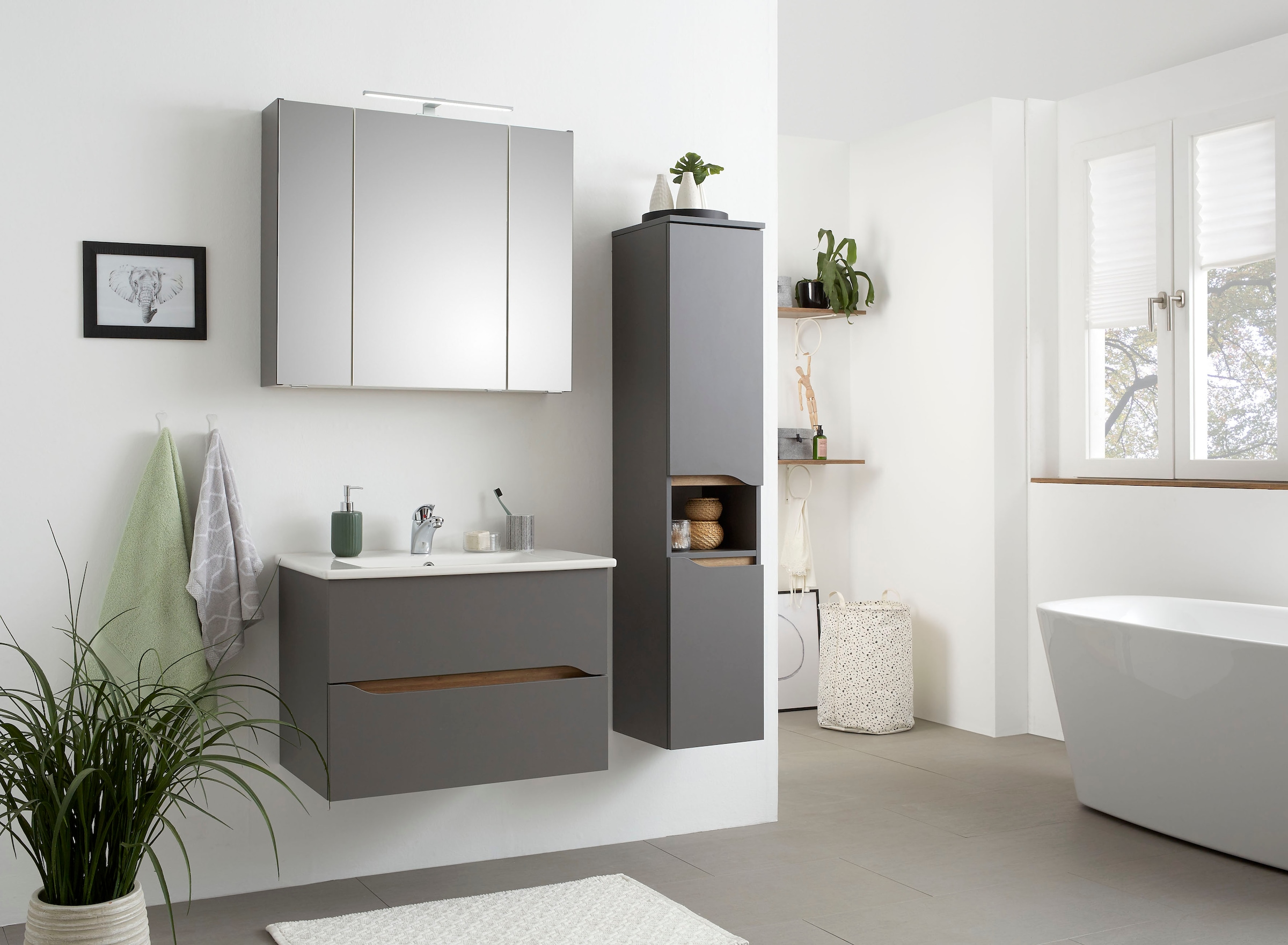 Saphir Badmöbel-Set »Quickset 3-teilig, Keramikwaschtisch mit LED-Spiegelschrank« 3 Stk. tlg.