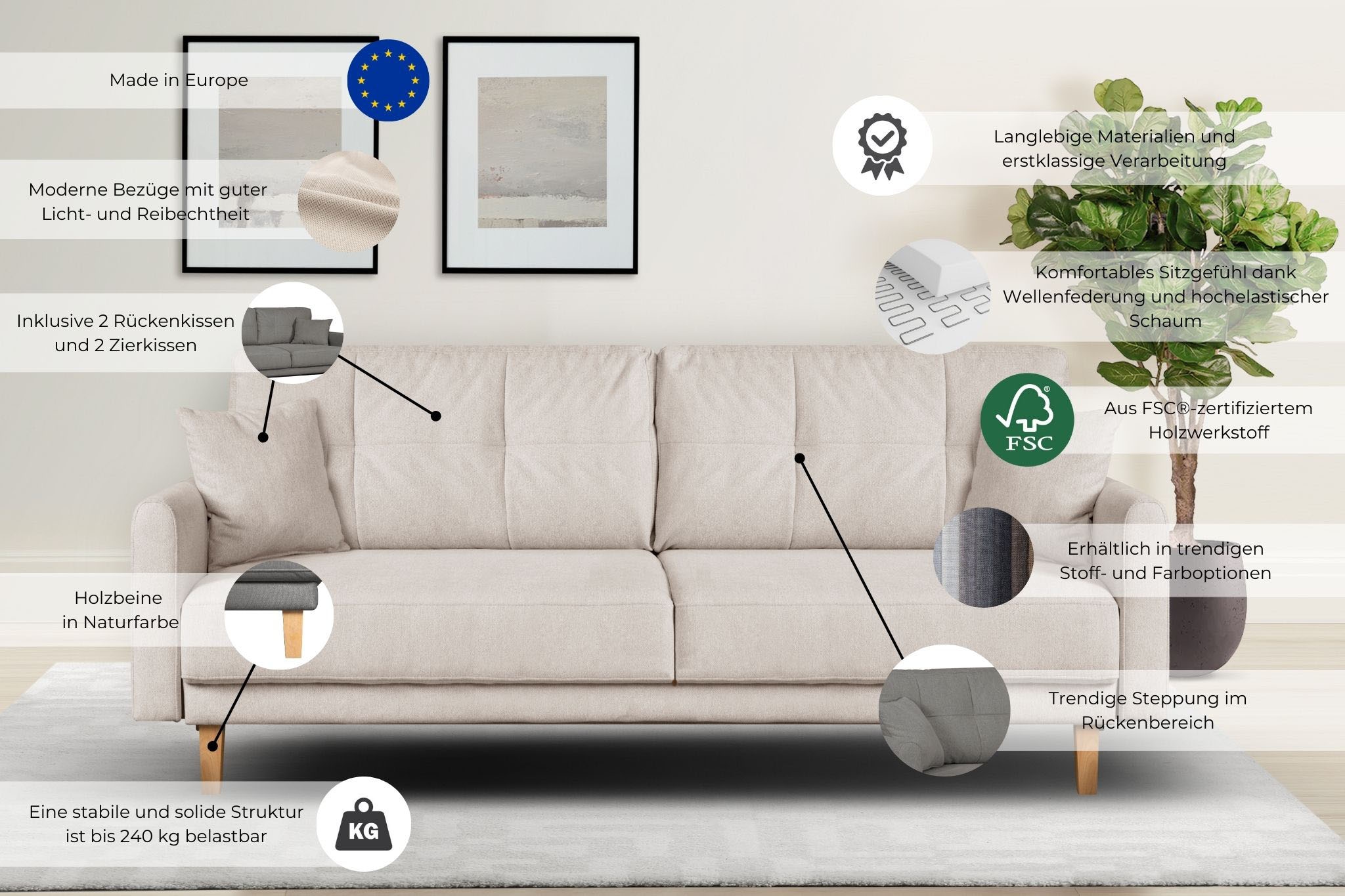 Home affaire 2-Sitzer »TRIPLO mit Wellenunterfederung, Maße B/T/H: 165/100/89 cm« Sofa mit Steppung im Rückenbereich, incl. Rückenkissen und Zierkissen