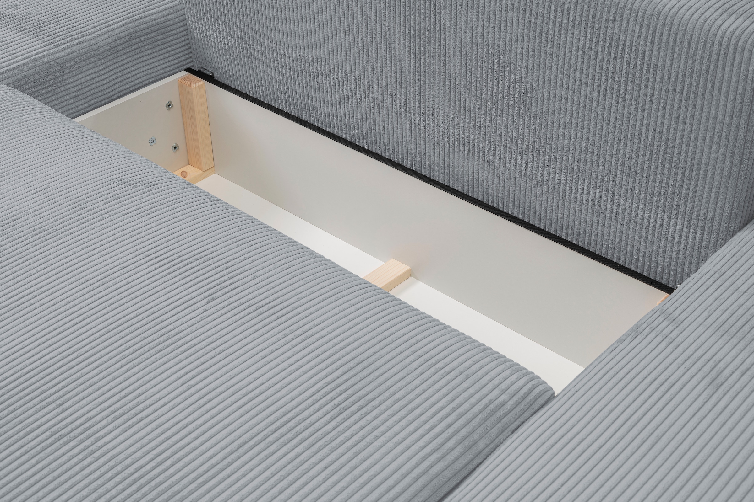 WERK2 Wohnlandschaft »Rotterdam-U, U-Form, in kuschelweichem Cord oder Breitcord« Design Sofa mit Schlaffunktion & Bettkasten, Cord, Grau