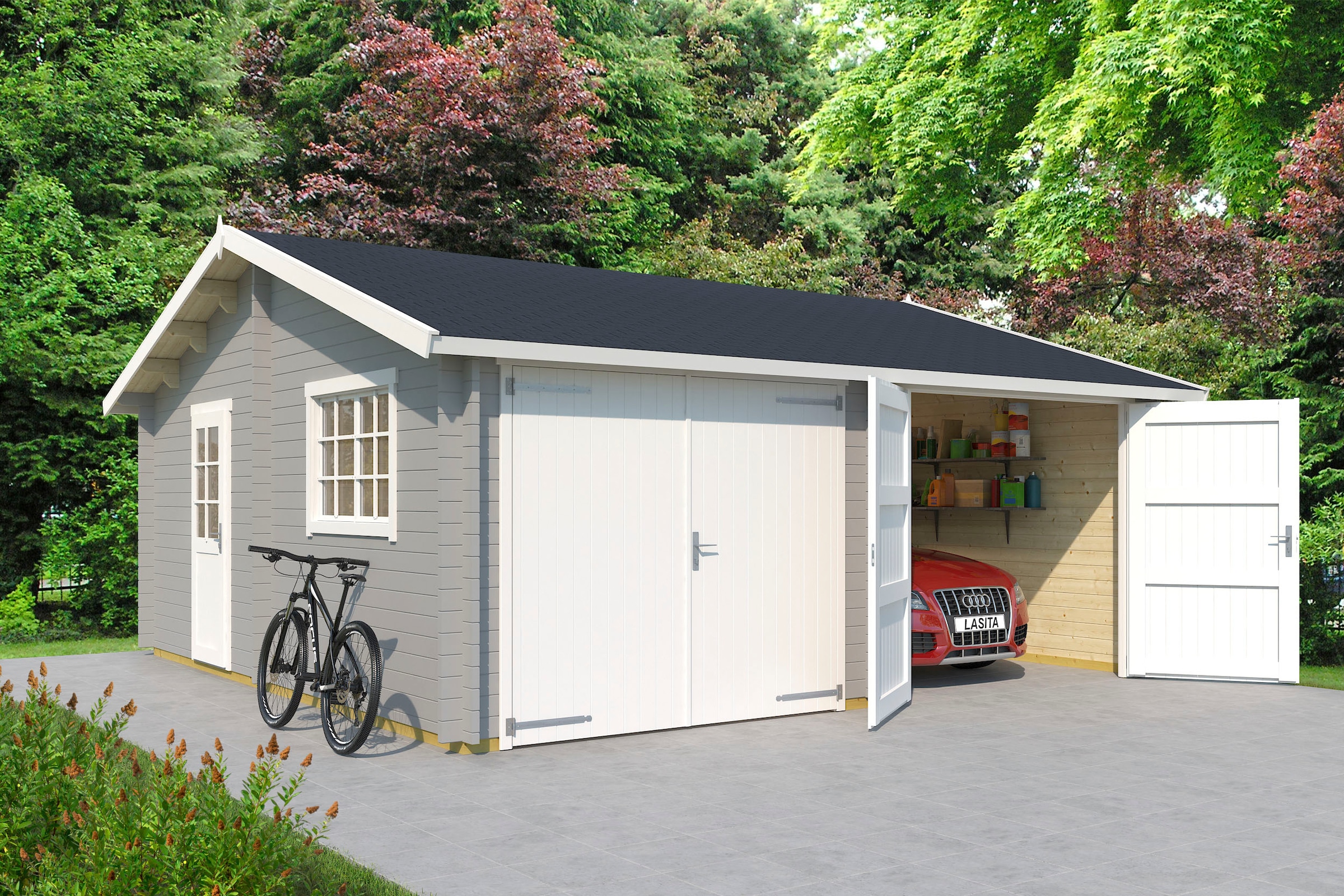 LASITA MAJA Garage »Falkland«, (Set, Für 2 Fahrzeuge geeignet), Garage + 2 Holztoren