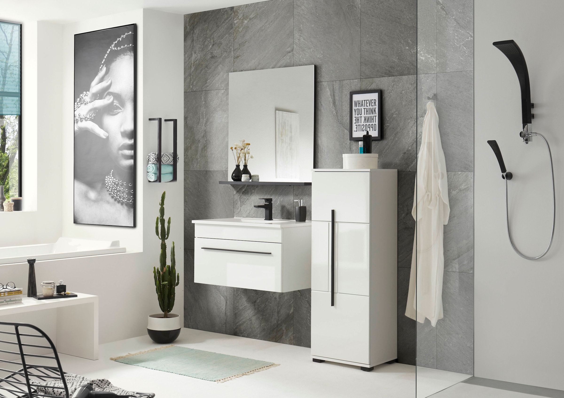 Home affaire Midischrank »Cantara, Badschrank in Hochglanz Weiß, Schrank im modernen Design« mit schwarzen Griffen, ausreichend Stauraum