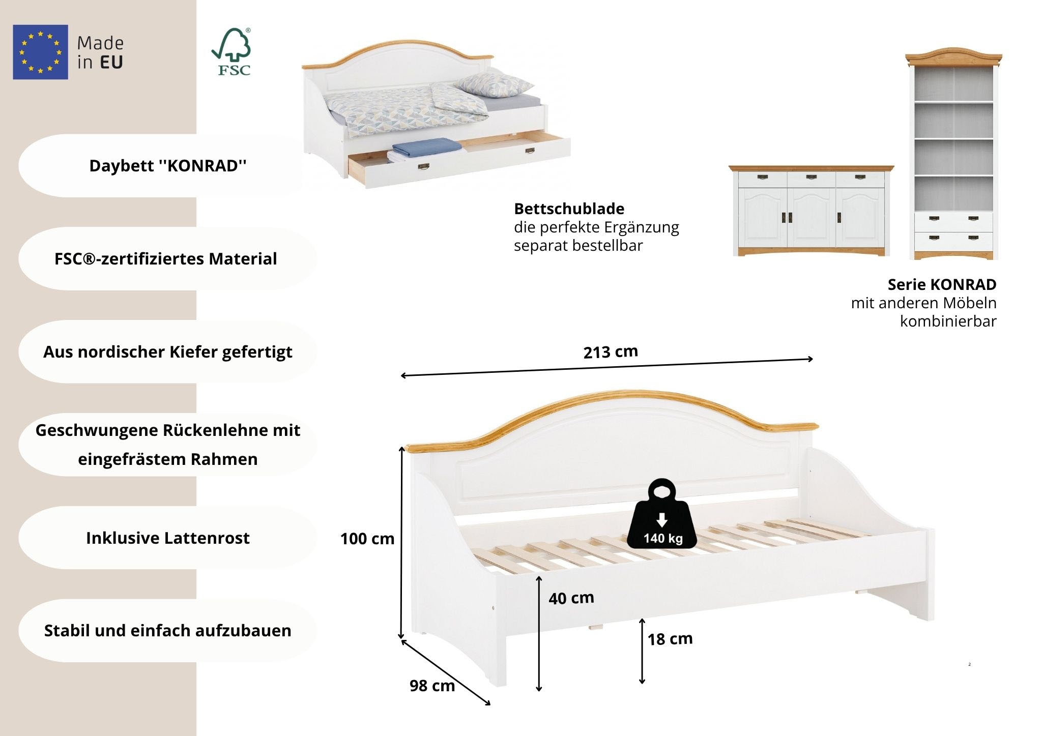 OTTO home Daybett »Konrad« stabile Konstruktion aus massiver Kiefer, mit Rollrost