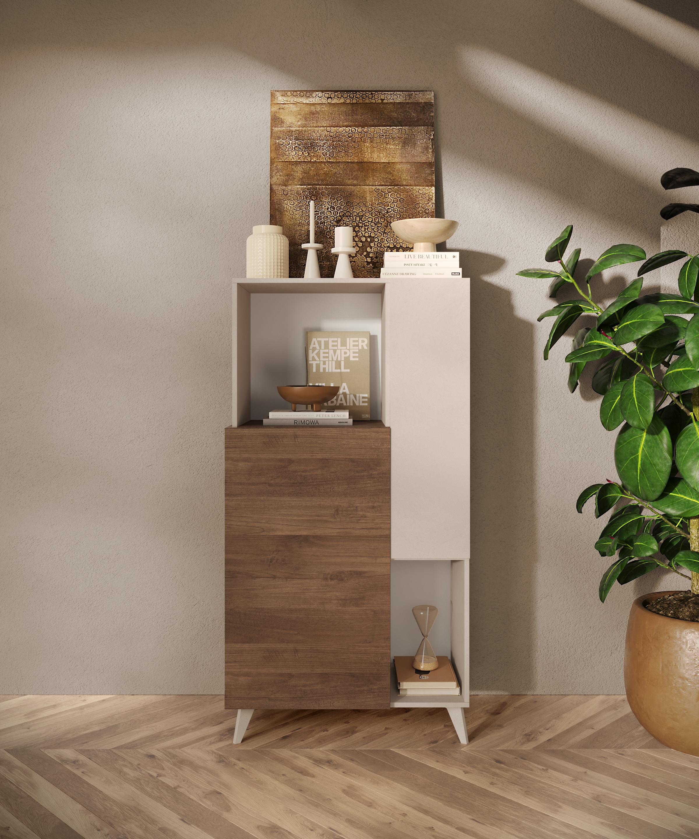 INOSIGN Highboard »Monaco Höhe 154 cm, Stauraumschrank mit 2 Türen (4 Fächer) und 2 offen«, Hohe, schmale Kommode – sanftes Schließen, edles Design, viel Platz