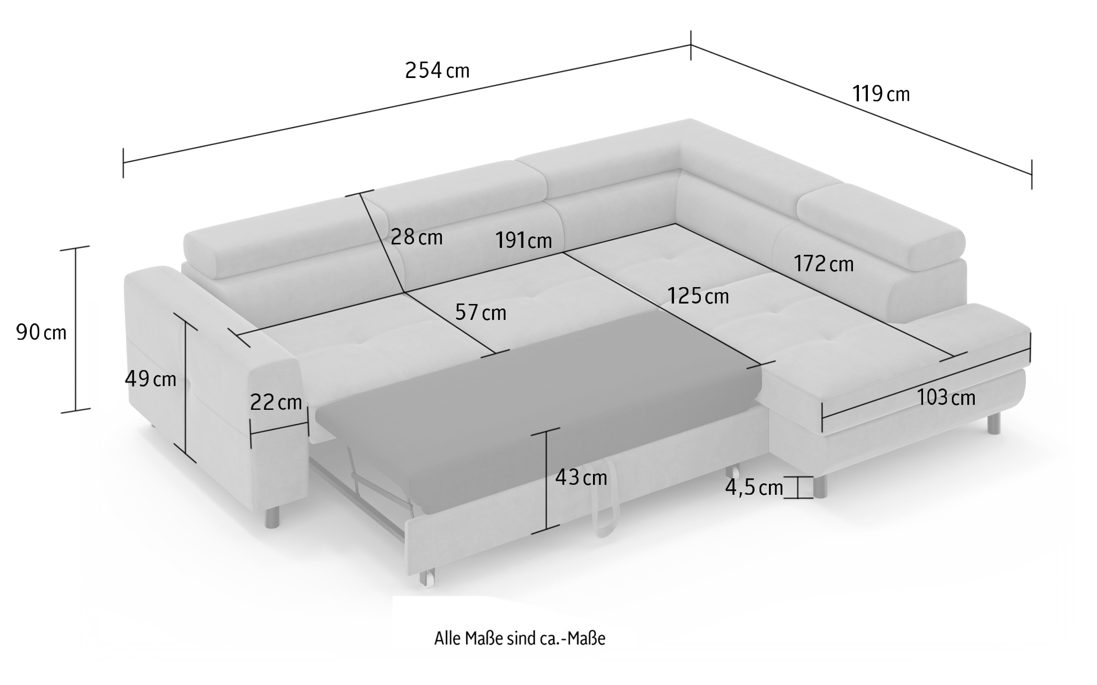 OTTO home Ecksofa »AADEN Schlafsofa mit verstellbaren Kopfstützen, B/T/H: 254/199/90 cm« mit Bettfunktion und Bettkasten, Ottomane rechts/links bestellbar