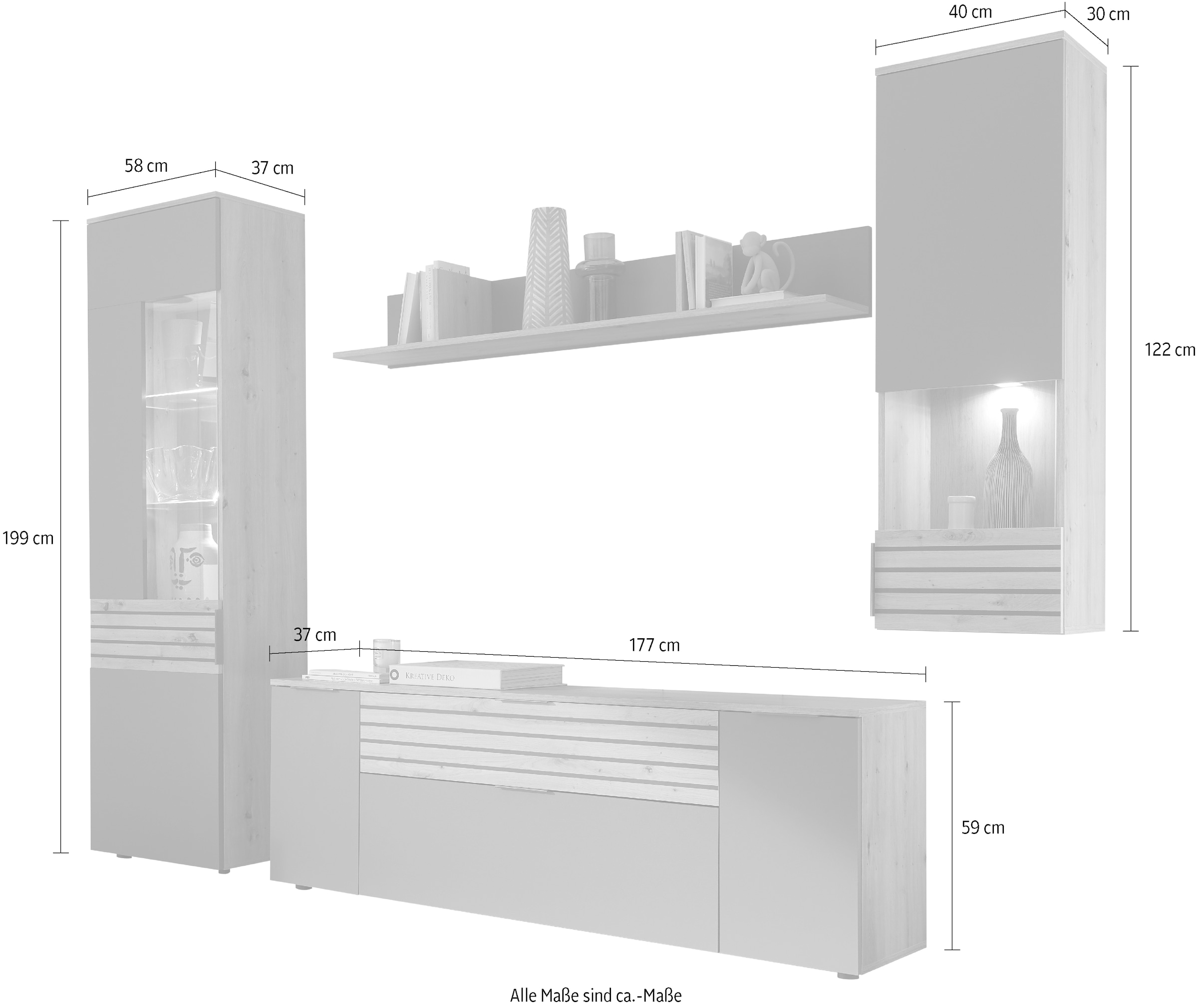 HBZ Wohnwand »inkl. LED-Beleuchtung Eiche Stripes Dekor, BxHxT 265x199x37 cm«, (Set, 4 St.), Vitrine inkl. LED-Beleuchtung, Lowboard, Wandboard und Hängevitrine