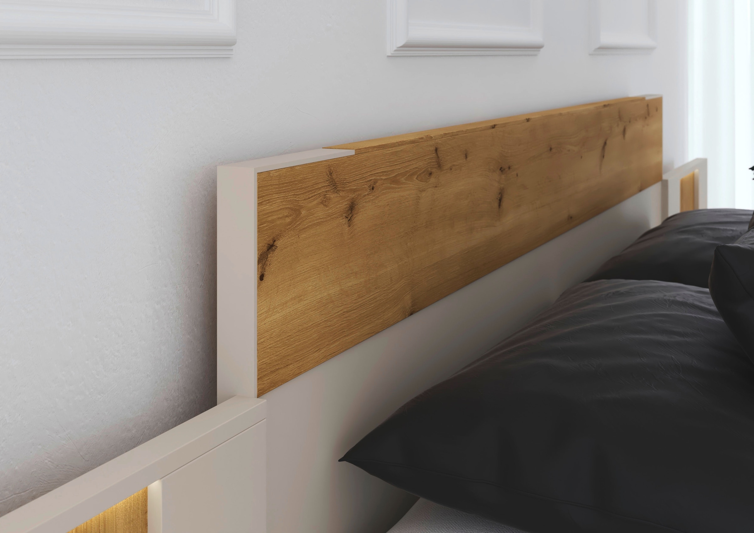 rauch Bettanlage »Bett Doppelbett Komfortbett Schlafzimmer Nachttische KONA« Set, Bett 180x200 oder 200x200, 2x Hängenachttisch, 2x Paneele mit Bel., 5 tlg. tlg. Absetzung Asteiche massiv, inkl. SOFT-CLOSE-FUNKTION MADE IN GERMANY