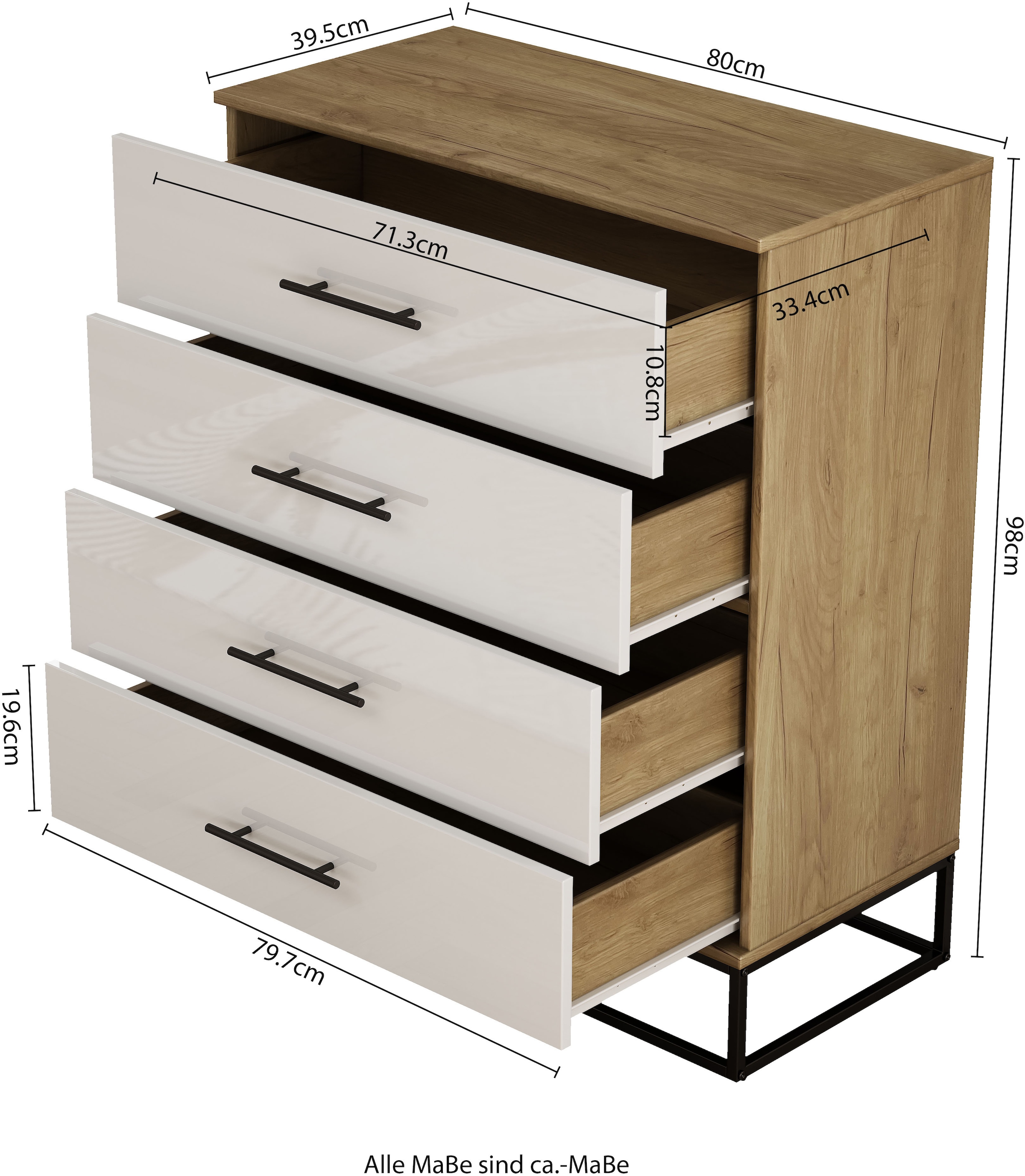 OTTO home Schubkastenkommode »Lucca Sideboard mit schwarzen Griffen 4 Schubladen Kufengestell« Hochwertige Hochglanzfronten in weiß, 