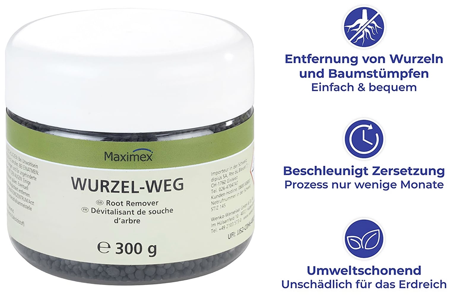 Maximex Unkrautbekämpfungsmittel »Wurzel-weg«, (Set, 3 St.), Wurzelentferner, beschleunigt Zersetzung von Baumstümpfen und Holz