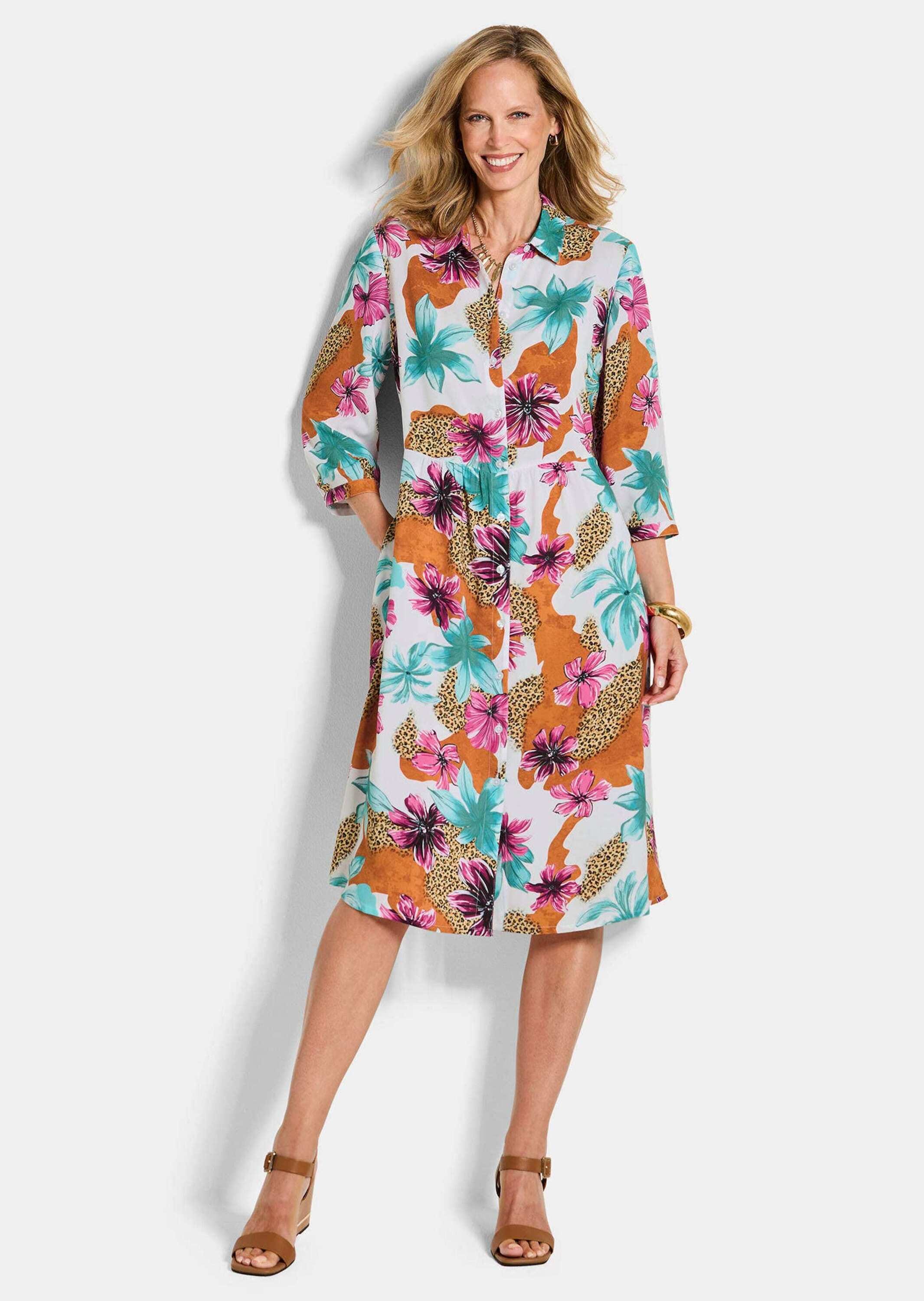GOLDNER Sommerkleid »Kurzgröße Hemdblusenkleid mit Leo Print und Blumen«