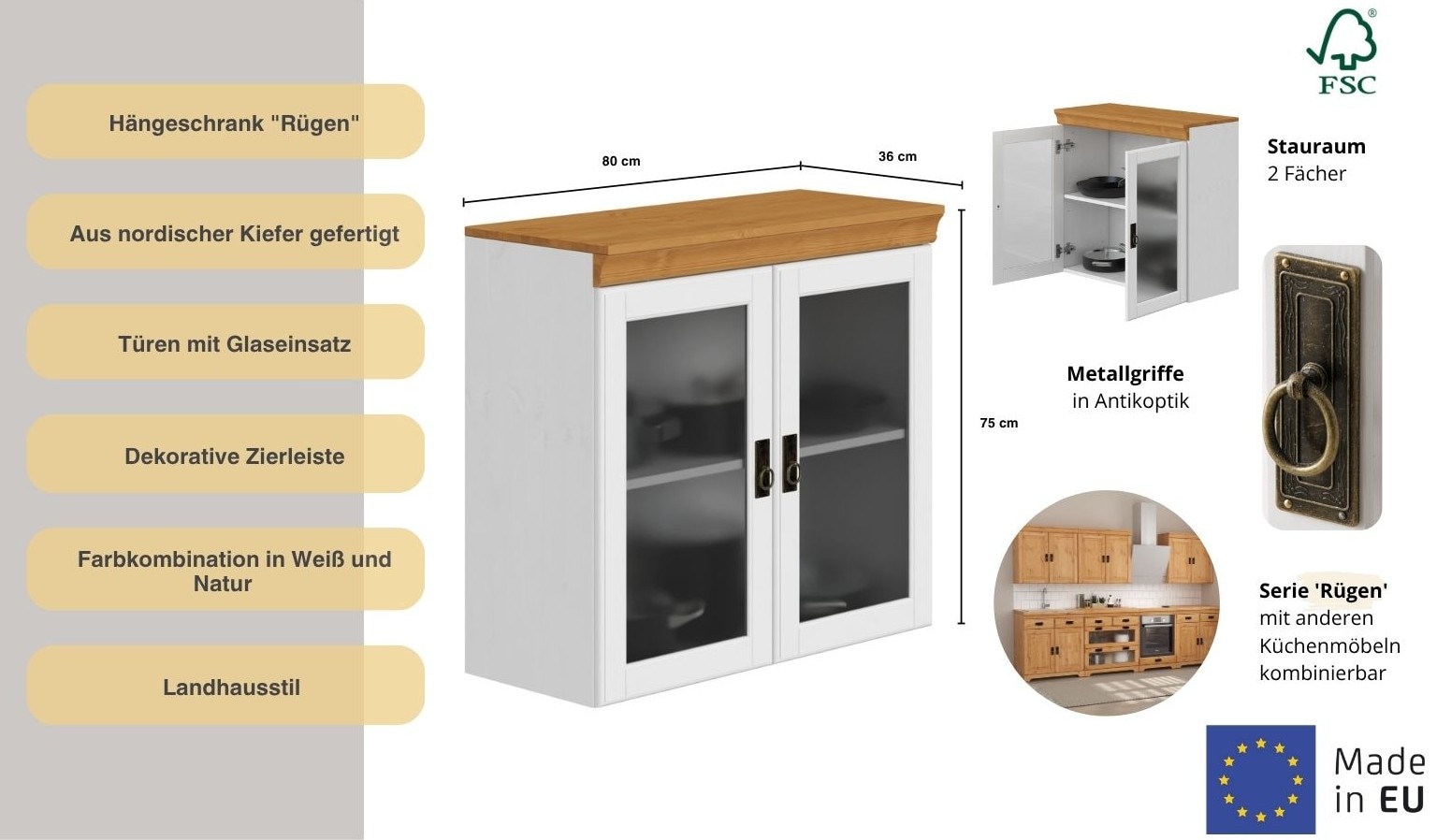 Home affaire Hängeschrank »Rügen«, Breite 80 cm, FSC® zertifiziertes Massivholz, Türen mit Glaseinsatz