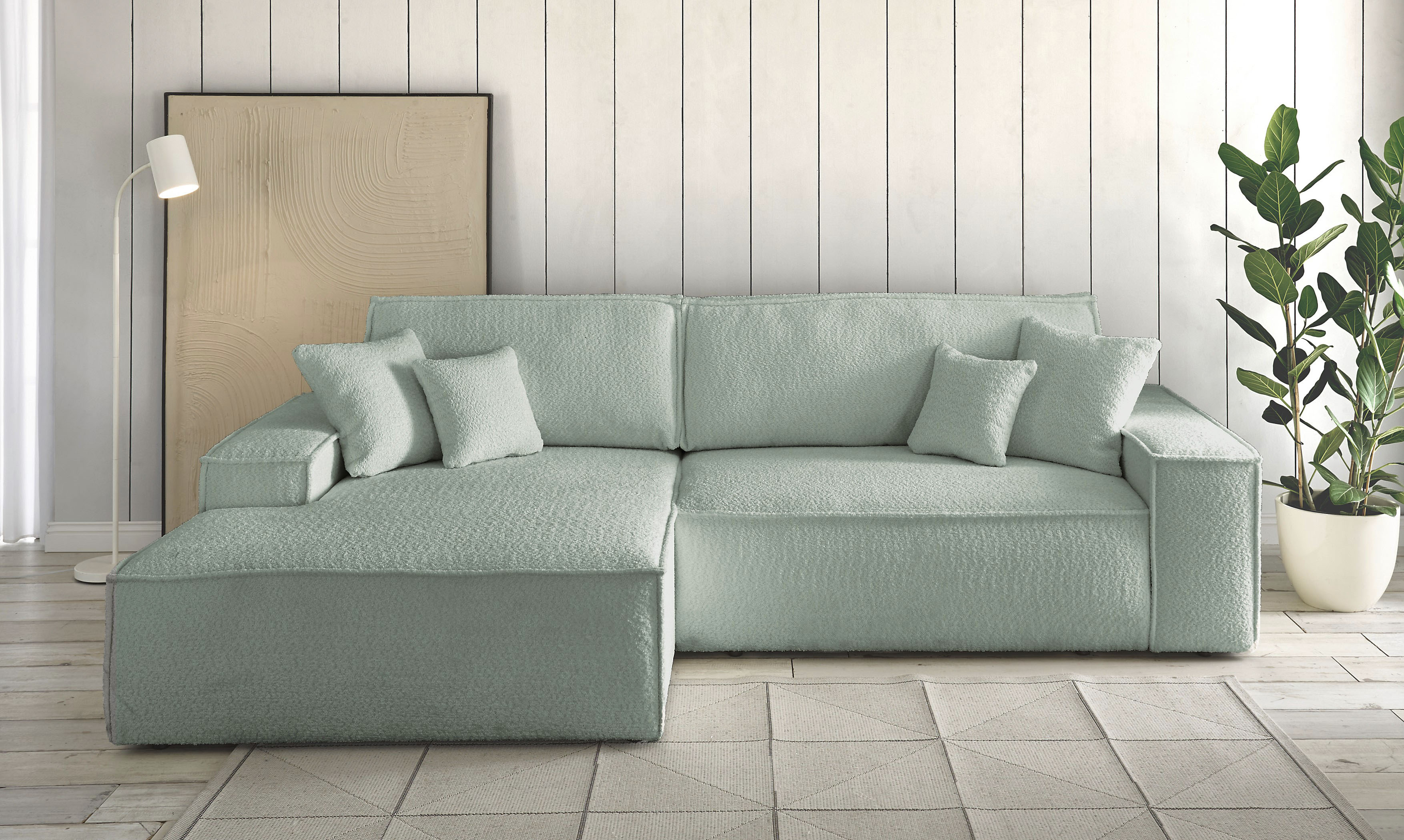 OTTO home Ecksofa "FINNLEY Bouclé, L-Form 257 cm, Schlafsofa" mit Bettkasten, in Bouclé, Struktur fein und Mega Cord