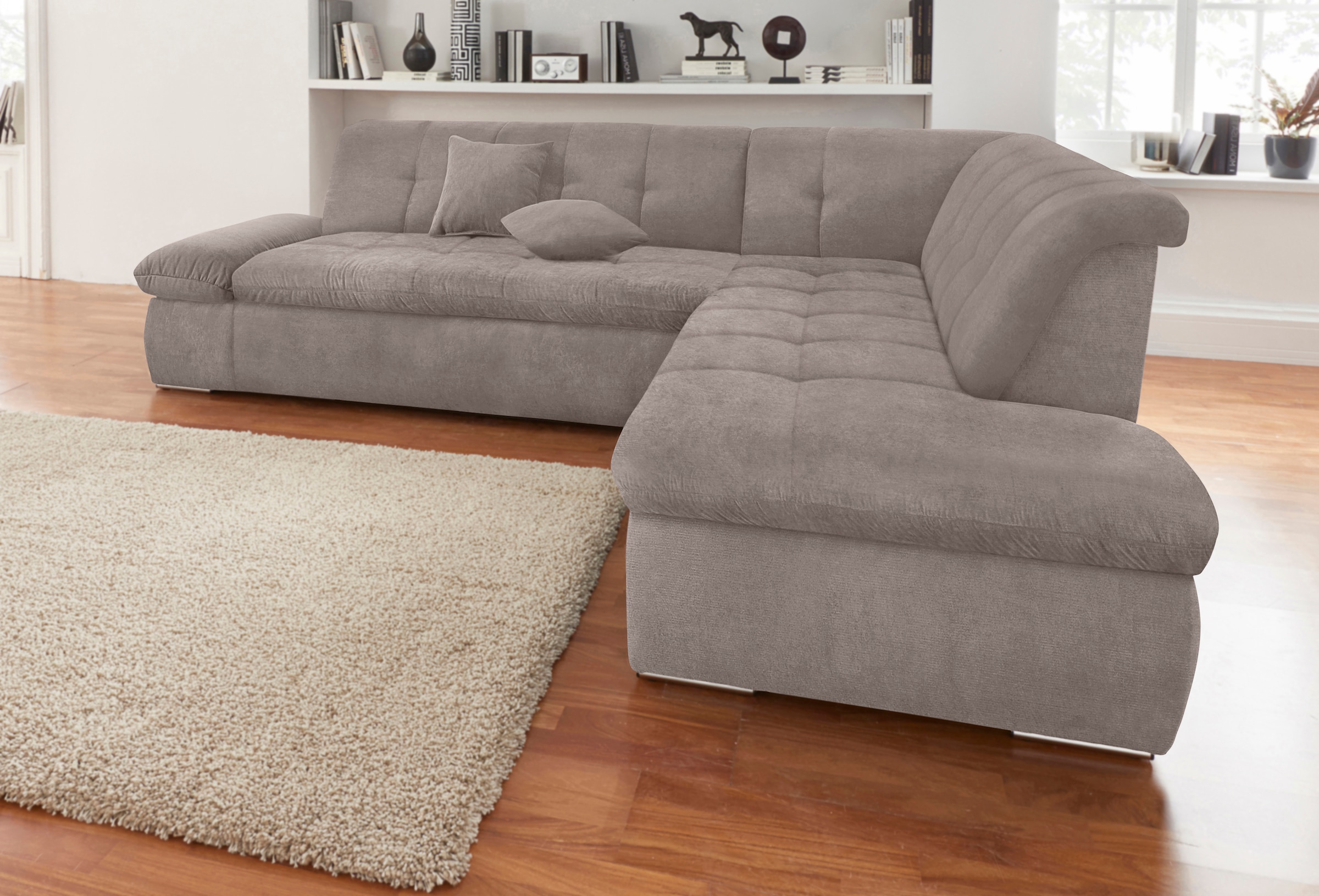 DOMO collection Ecksofa »NMoric incl. Zierkissen B/T/H: 273/216/80 cm L-Form«, Ottomanen-Abschluss, wahlweise mit Bettfunktion und Armlehnverstellung