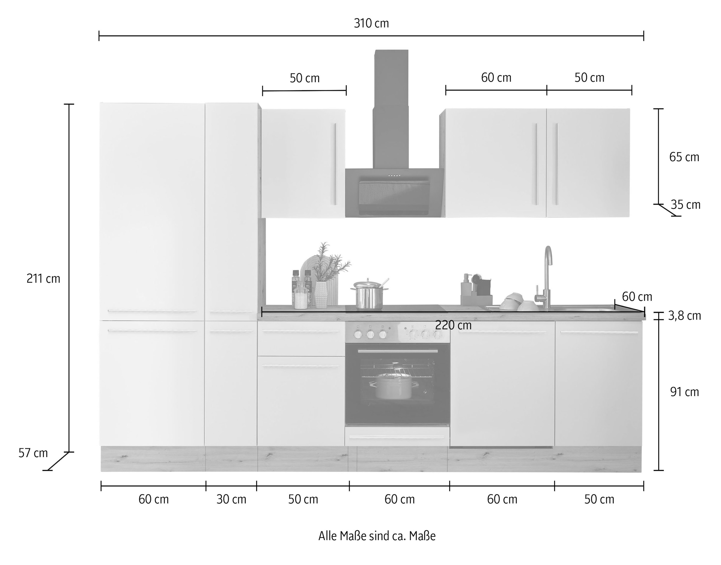 KOCHSTATION Küchenzeile »Florida«, Breite 310 cm, wahlweise mit E-Geräten,Softclose für Türen/Schubkästen