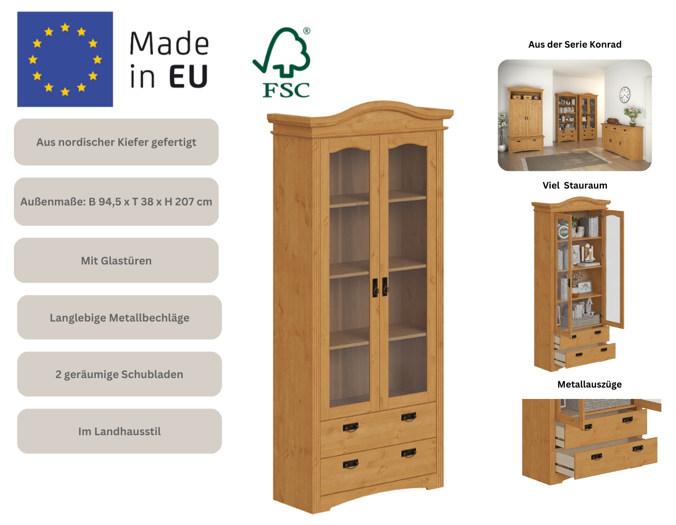 OTTO home Vitrine »Konrad« aus massiver Kiefer, mit Glaseinsätzen, B/T: 94/208 cm