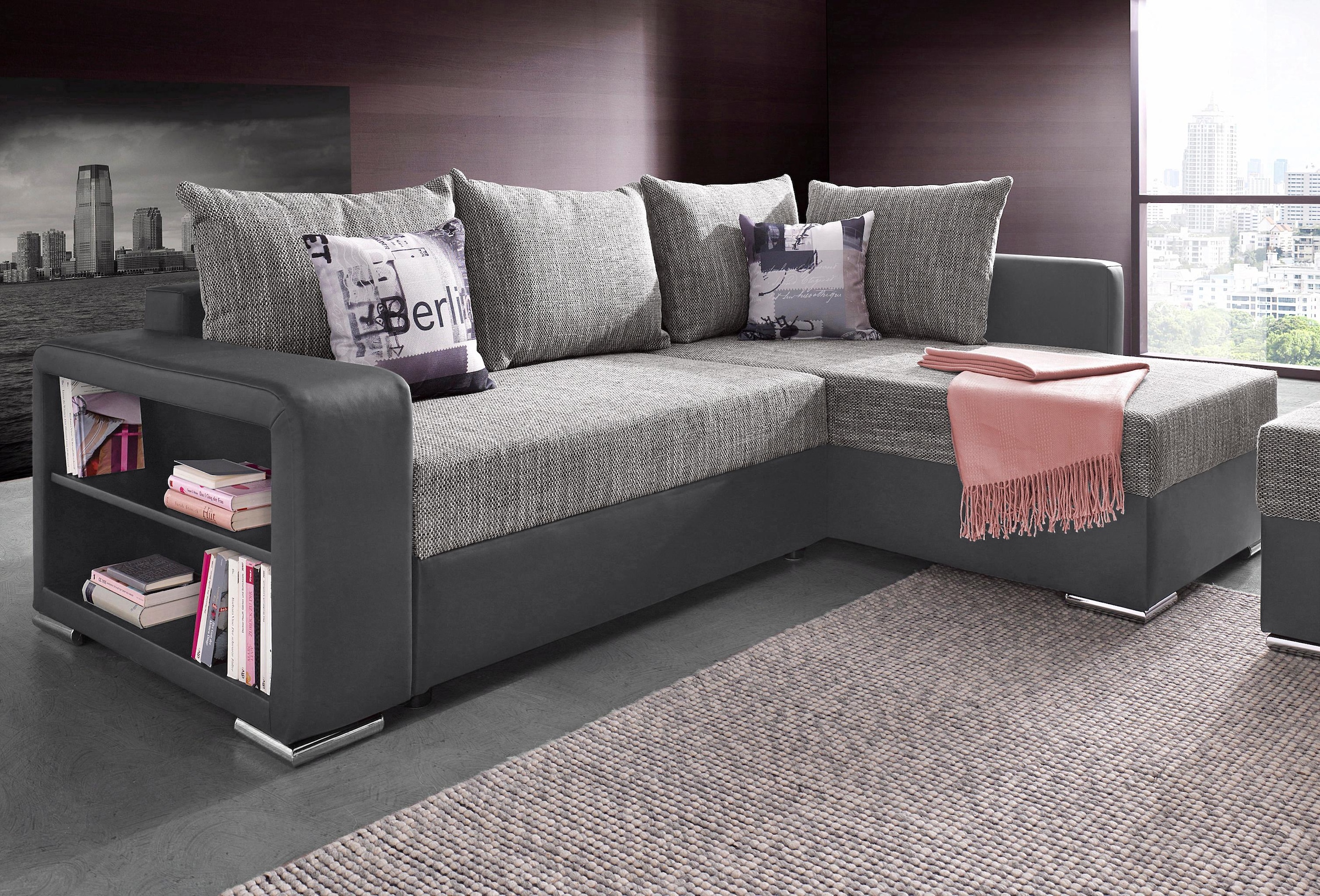 COLLECTION AB Ecksofa »John L-Form«, mit Bettfunktion, Bettkasten und Regalarmteil