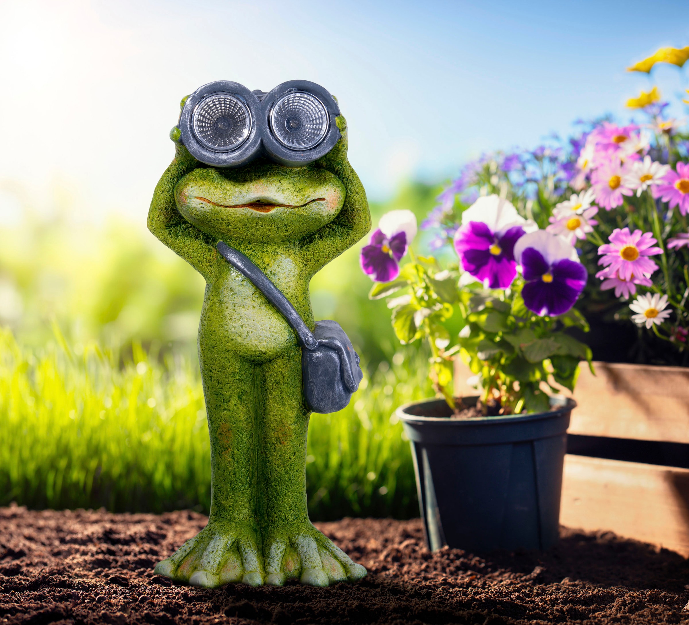 näve LED Solarleuchte »Frosch«, 1 flammig, stehender Frosch mit Fernglas und Umhängetasche, Keramik, inkl. Akku
