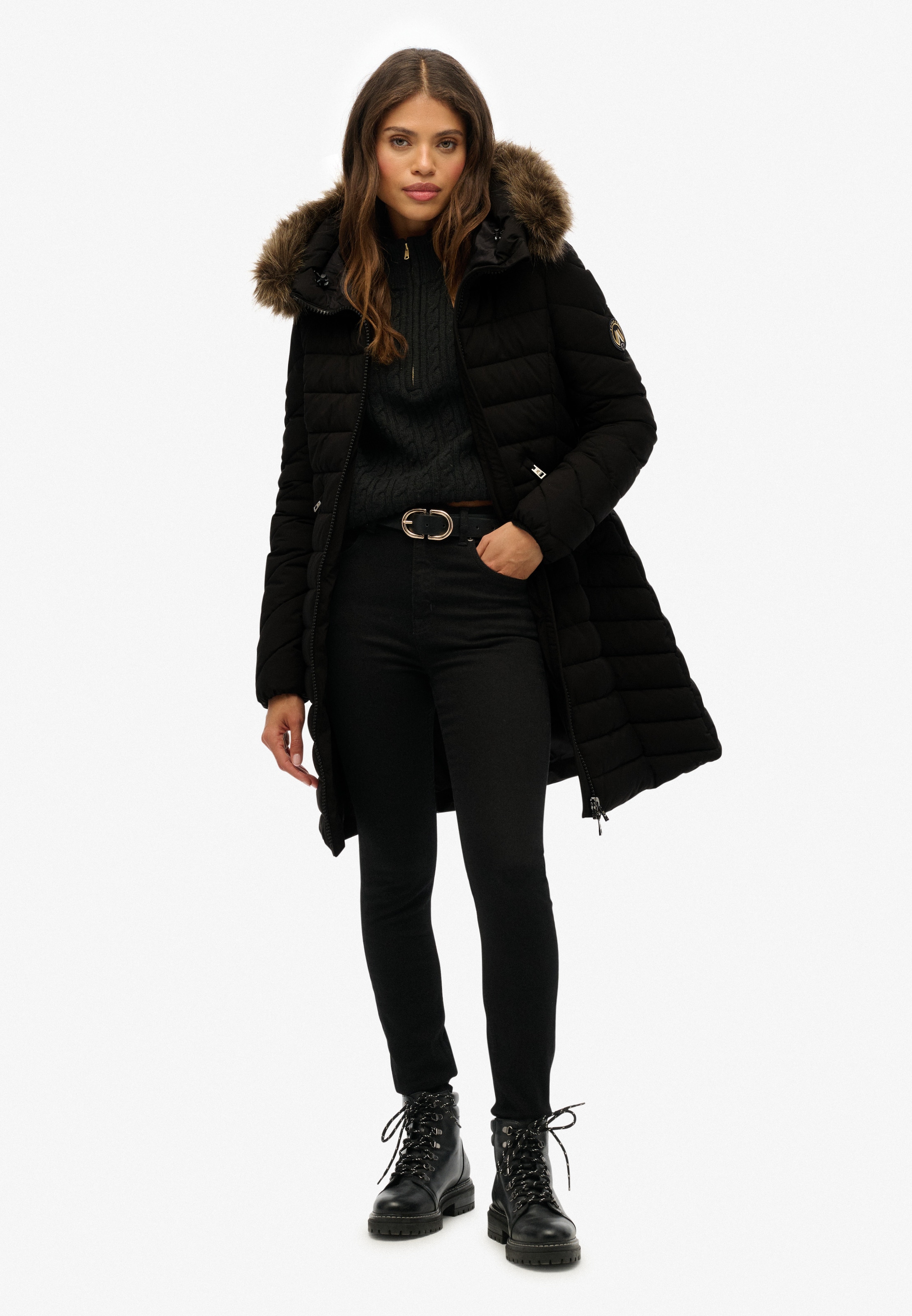 Superdry Steppjacke »FUJI FAUX FUR HOOD MID LENGTH« mit Kapuze