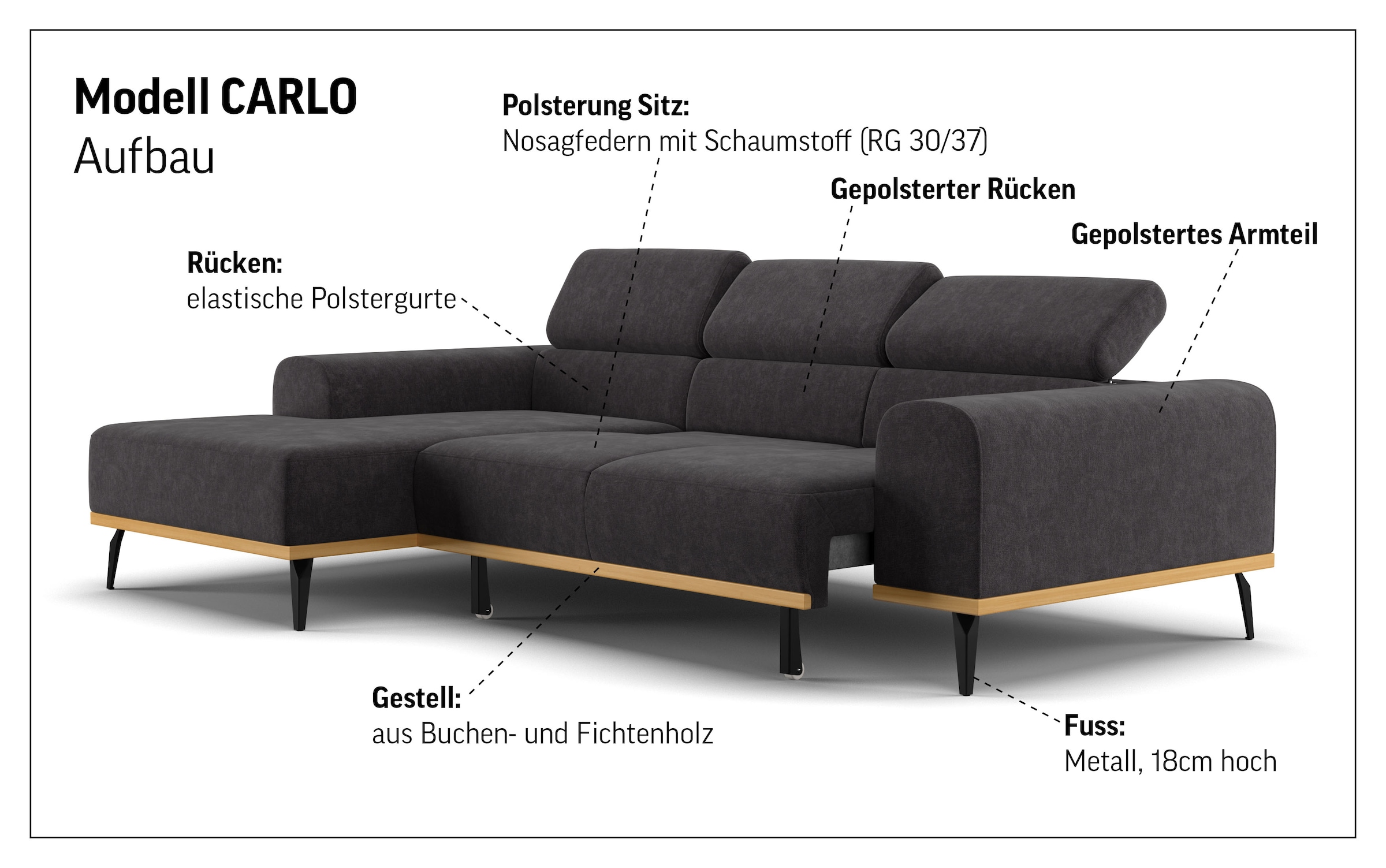 Places of Style Ecksofa »Carlo L-Form«, mit Kopfteilverstellung & Holz-Rahmenoptik, wahlweise Relaxfunktion