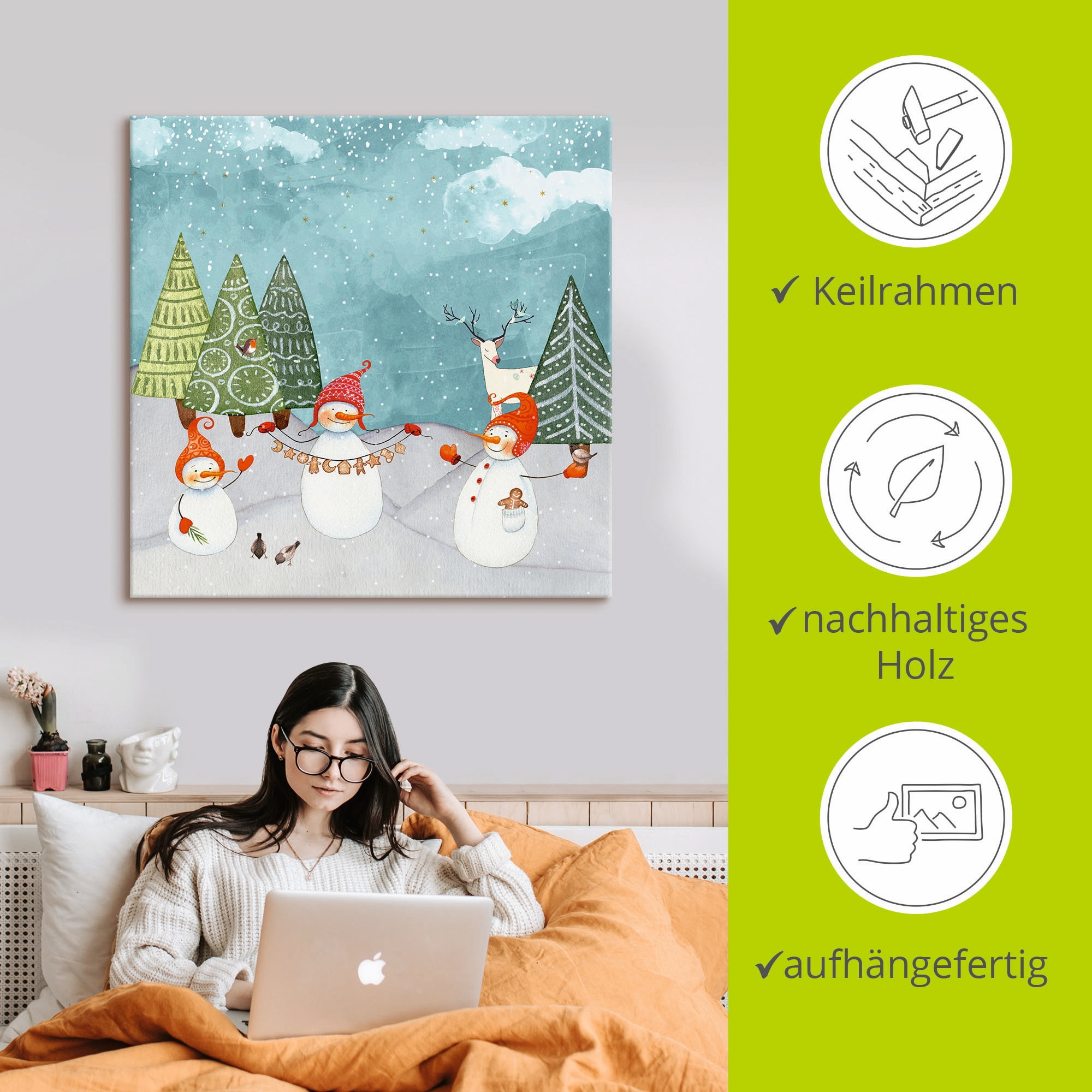 Artland Leinwandbild »Schneemänner und Tierfreunde«, Weihnachten, (1 St.), auf Keilrahmen gespannt