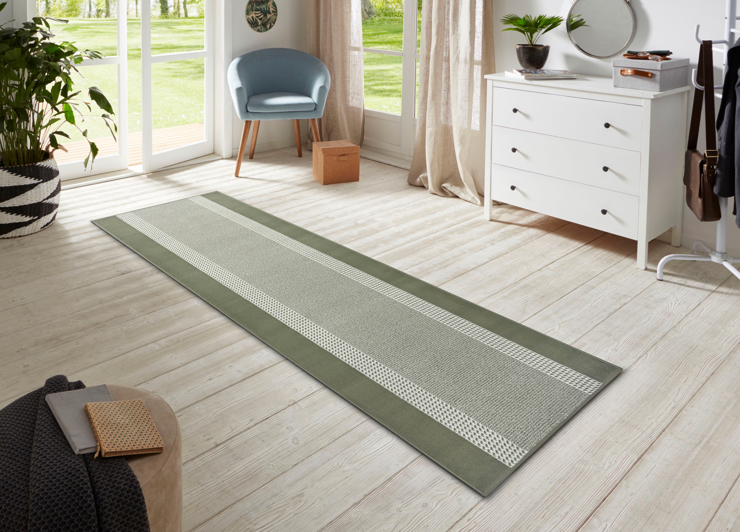 THE RUGS Designer Velours Band Rug & Runner Polypropylene Velours Pile Rug in Green | Size: 80cm x 450cm