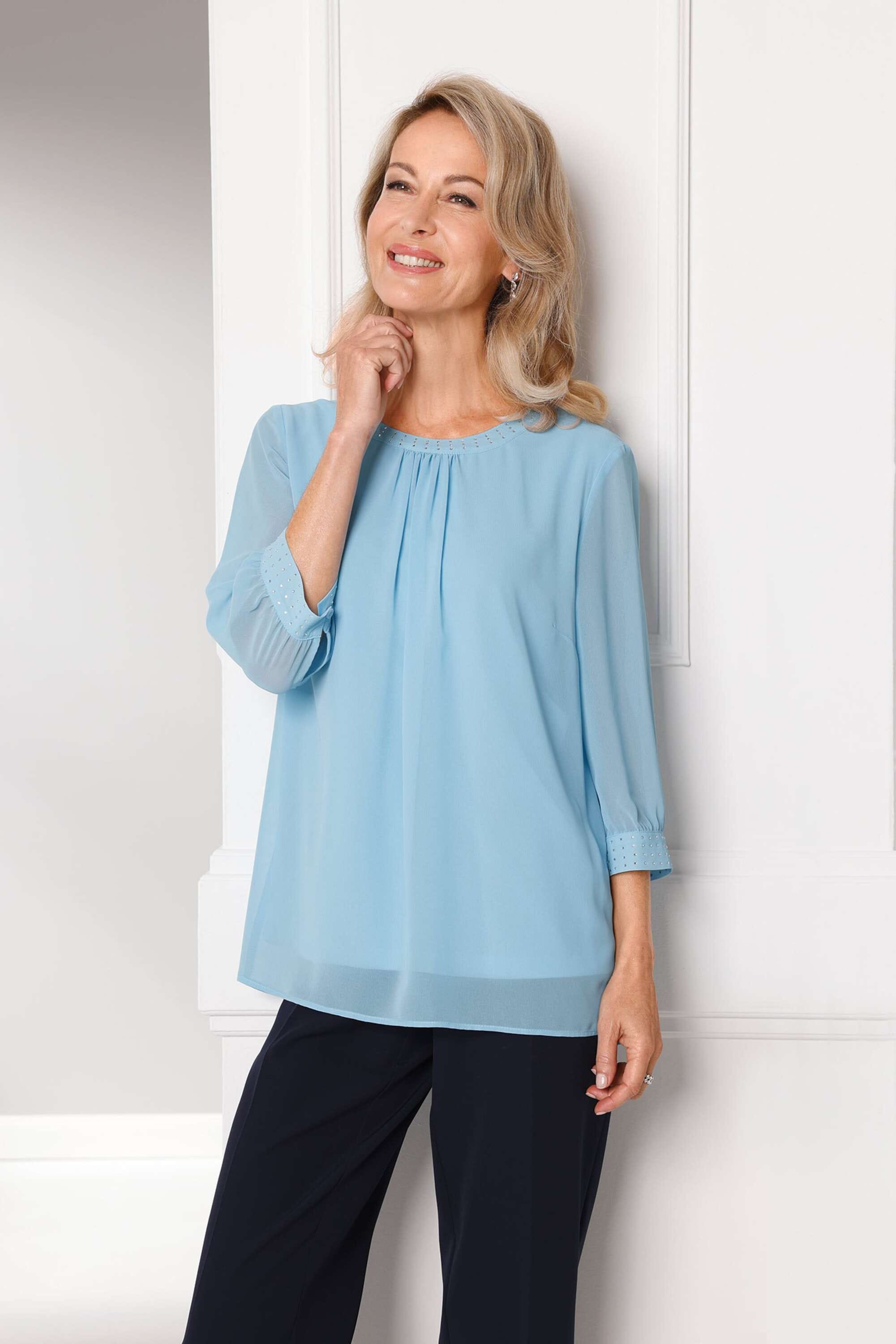 GOLDNER Langarmbluse »Bluse aus leichtem Chiffon mit Glitzersteinen« Ohne