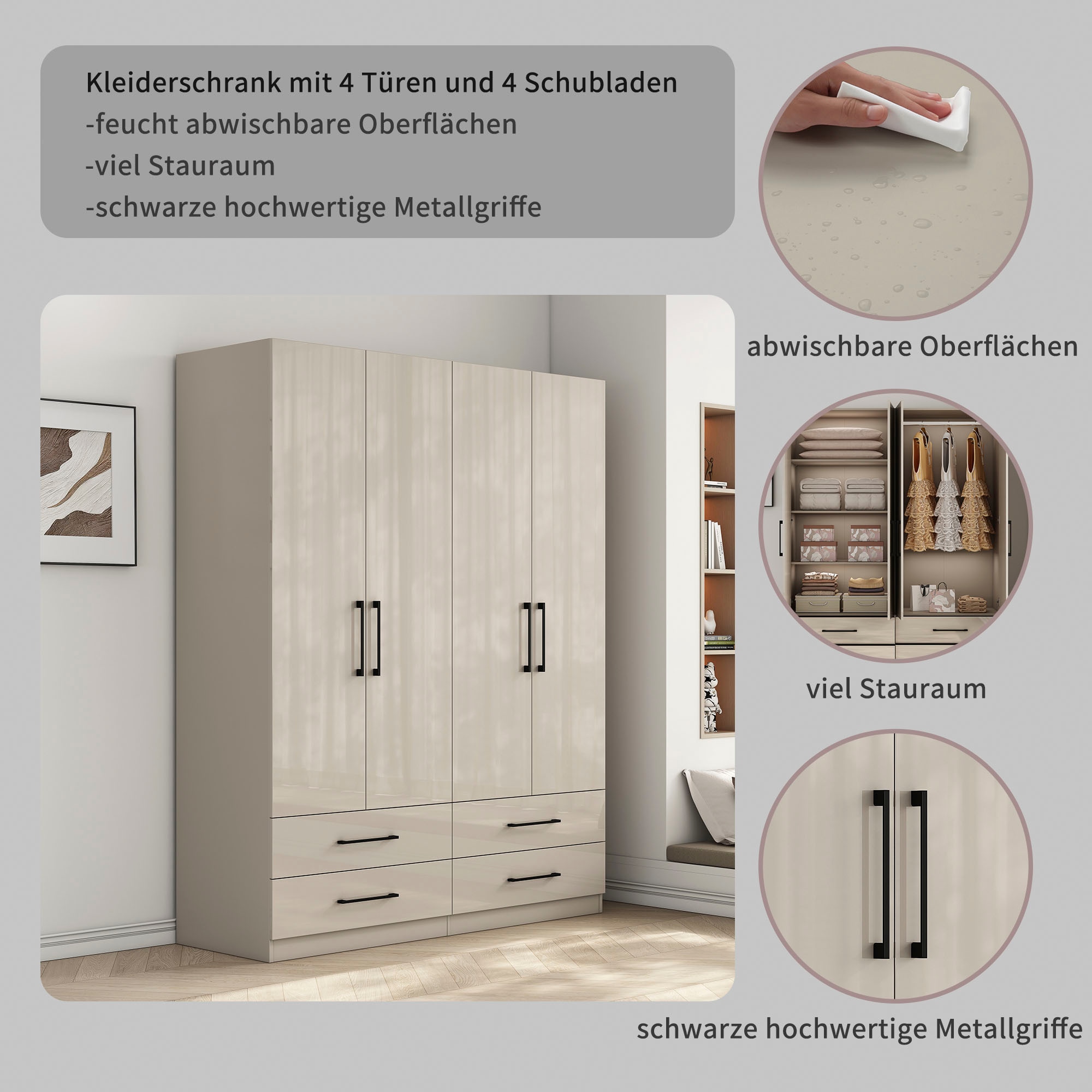 OTTO home Kleiderschrank »Sylt Schlafzimmerschrank Bestseller mit hochglänzenden Fronten« Drehtürenschrank mit 4 Schubladen und 4 Türen,  Schrank in Breite 160 mit viel Stauraum