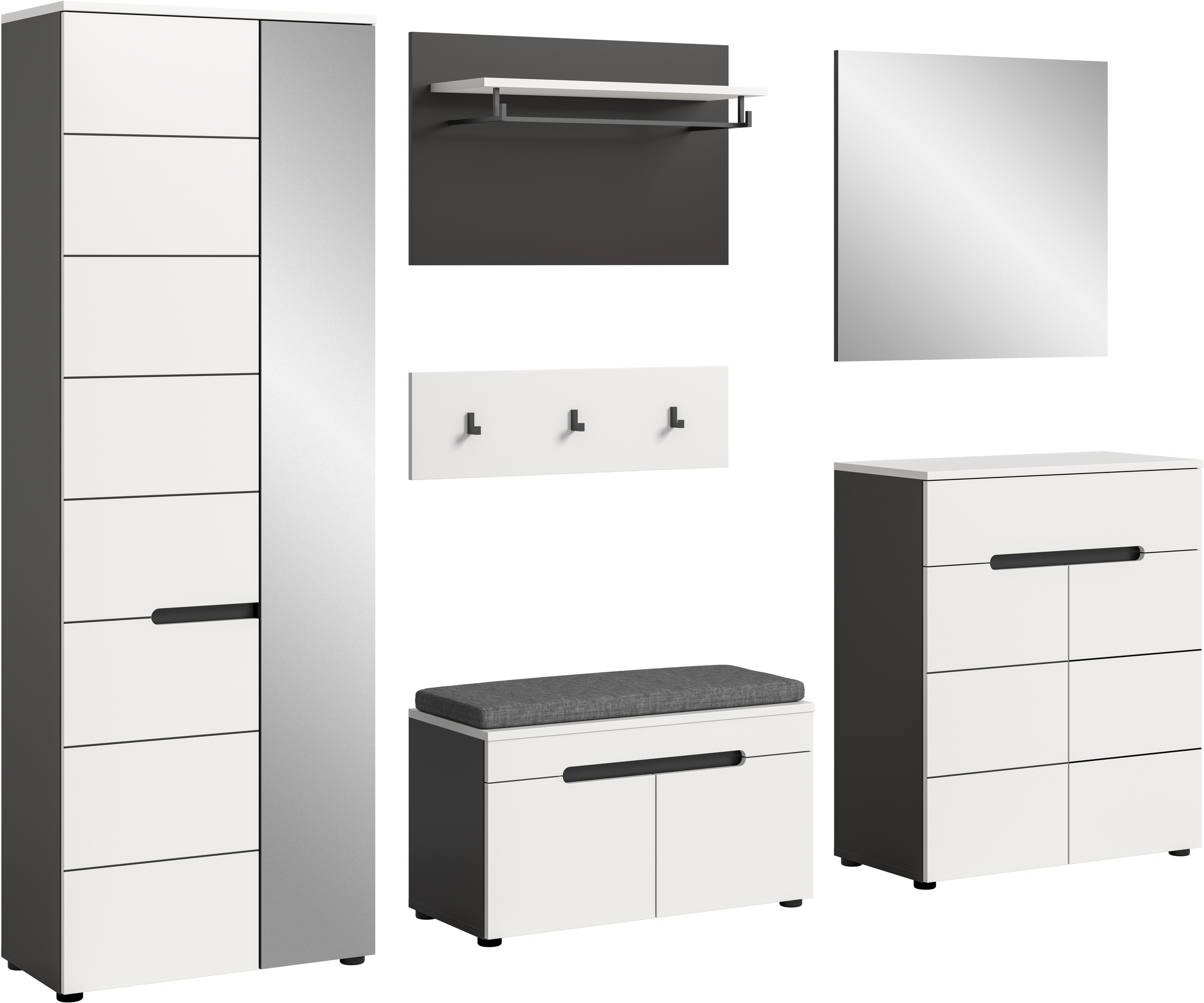 Home affaire Garderoben-Set »REHAT, TOPSELLER!, 6-teilig, Breite 255 cm, individuell erweiterbar« Set, Schrank, Sitzbank, Sitzkissen, Paneel, Hakenleiste, Spiegel, Kommode, 6 Stk. tlg.