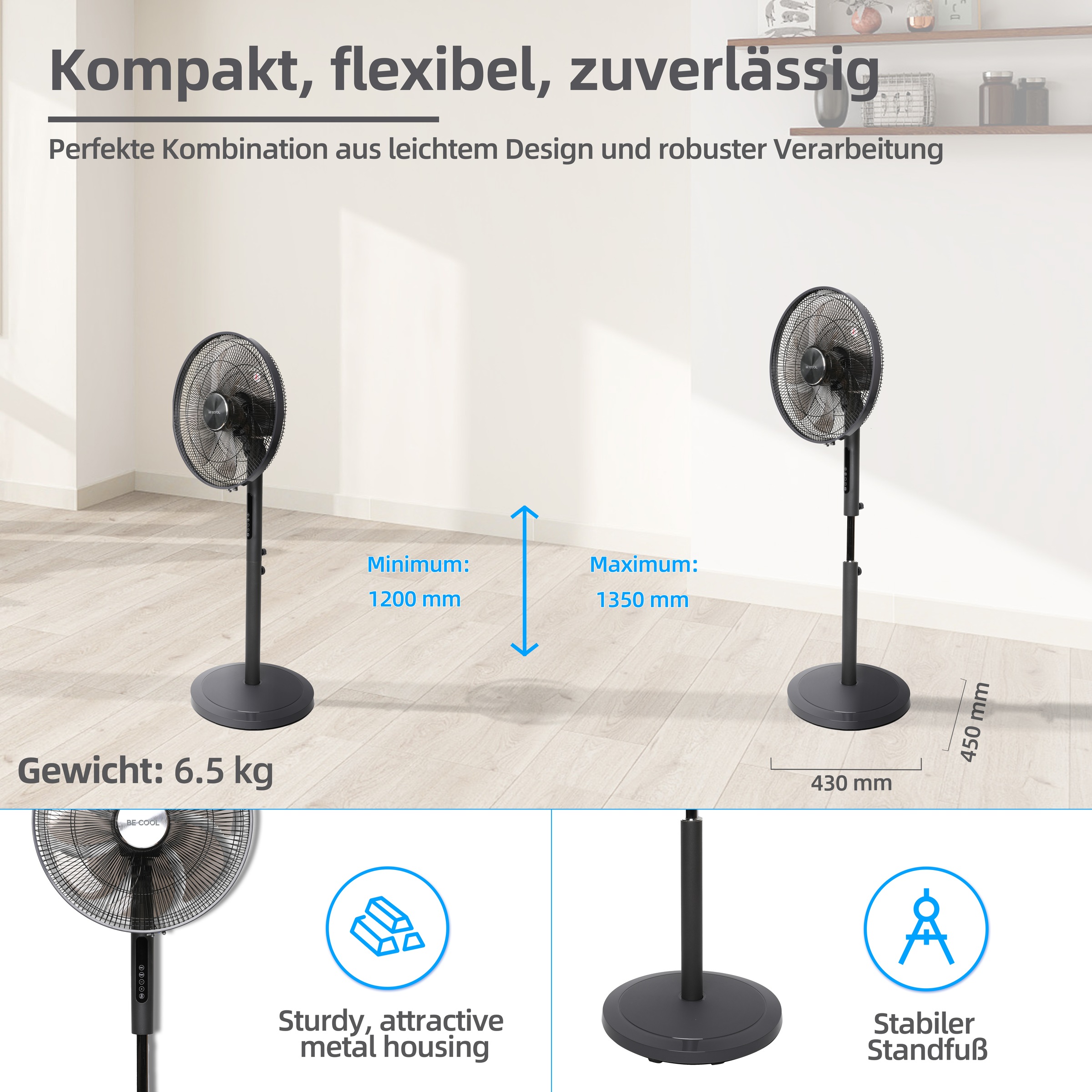 be cool Standventilator »Gleichstrom-Standventilator 45cm mit 7 Rotorblättern«, energieeffizient, 7-flügelig, Fernbedienung