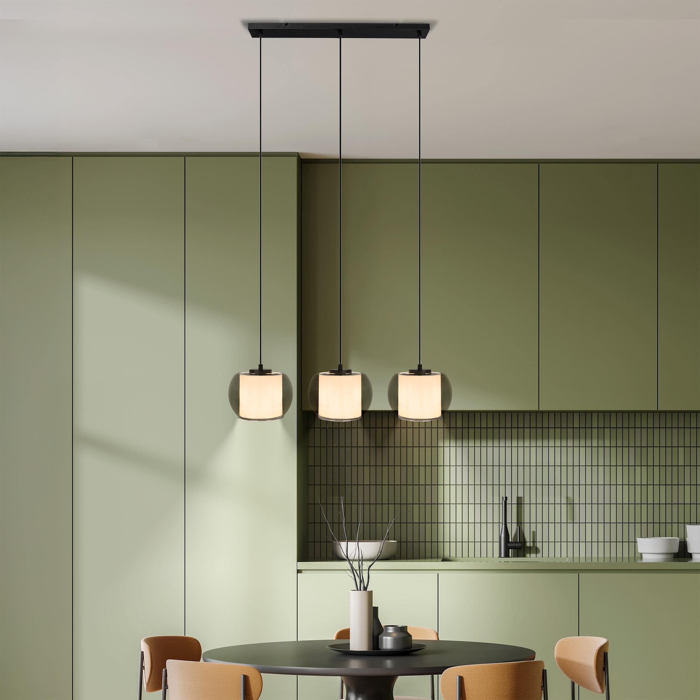 OTTO home Pendelleuchte »Tanissa mit Doppelschirm« E27 1 Stk. Pendellampe, Rauchglas, innen Stoffschirm, E27, Glasschirm, Glaskugel