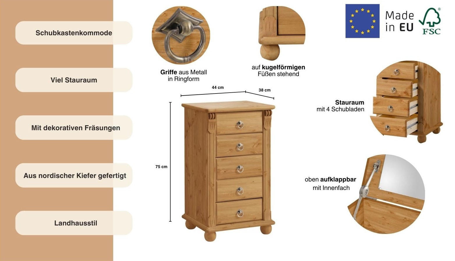 Home affaire Schubkastenkommode »Tessin« Schminkkommode mit Spiegel, aus massiver Kiefer, FSC®-zertifiziert