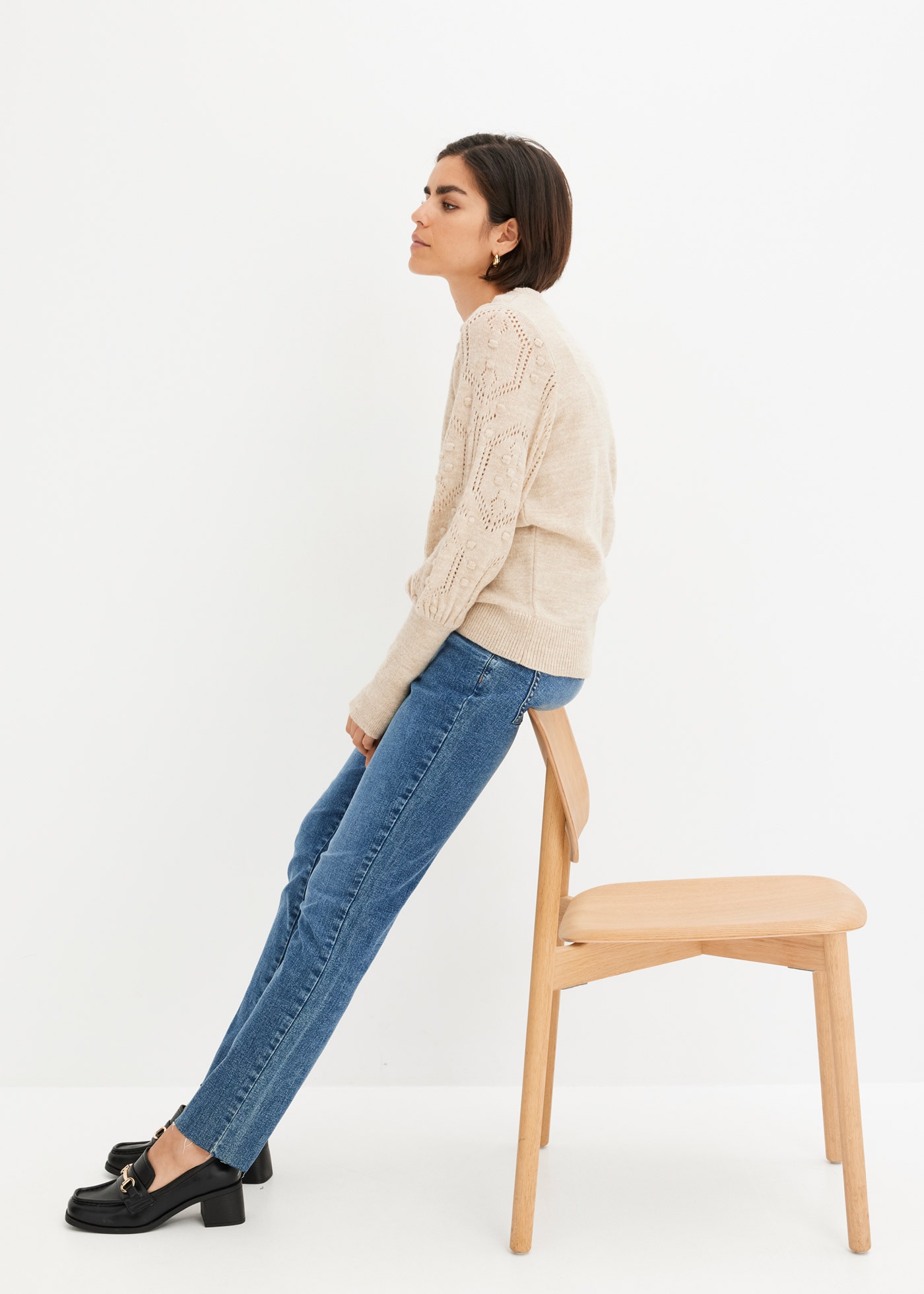 bonprix Strickpullover Ballonärmel mit tollem Ajourmuster und extra breitem Strickbündchen