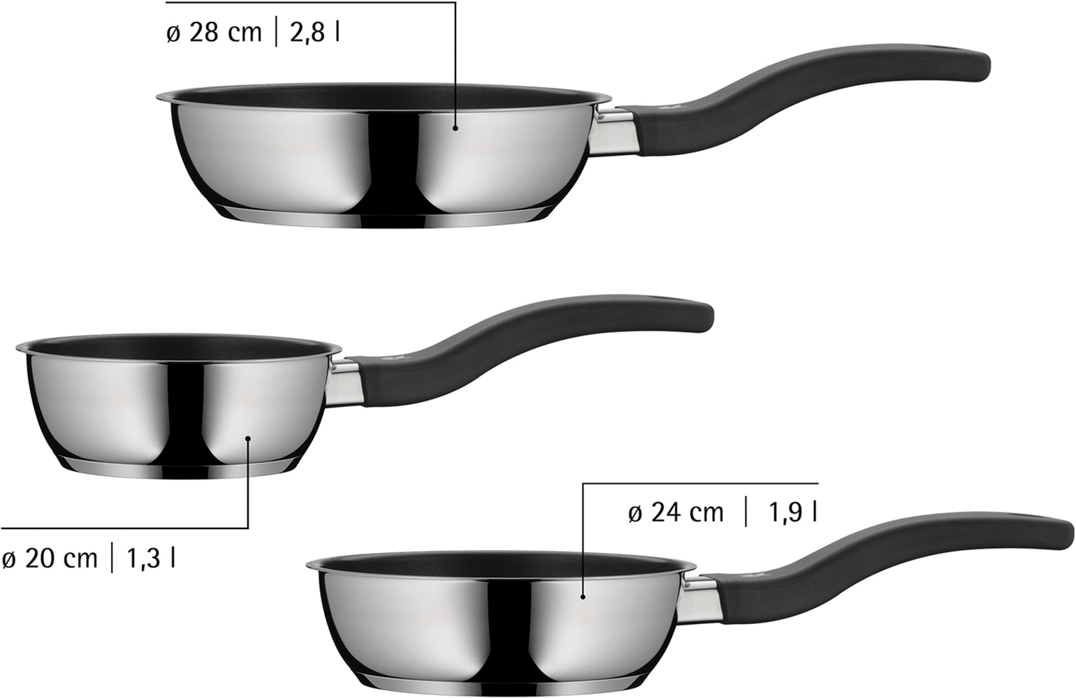 WMF Pfannen-Set »Devil, Bratpfannen Induktion, leistungsstarke Antihaftversiegelung« Cromargan® Edelstahl Rostfrei 18/10 Set, 3x Pfannen Ø 20/24/28 cm, 3 Stk. tlg. für alle Herdarten geeignet, ergonomischer Kunststoffgriff