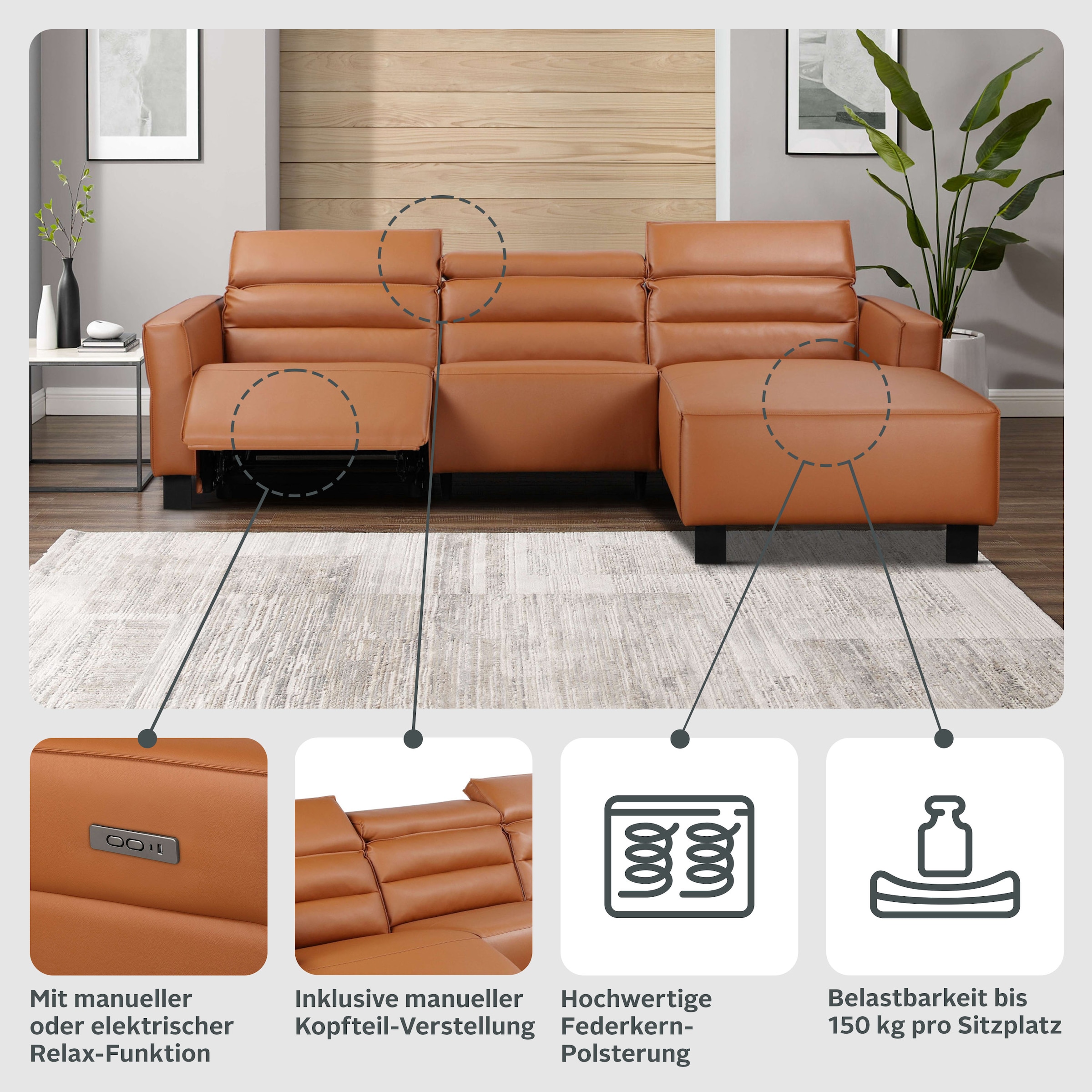 Places of Style Ecksofa »Carpari, L-Form, 263 cm, manuelle o. elektrische Relaxfunktion,«, USB A/C und Kopfteilverstellung