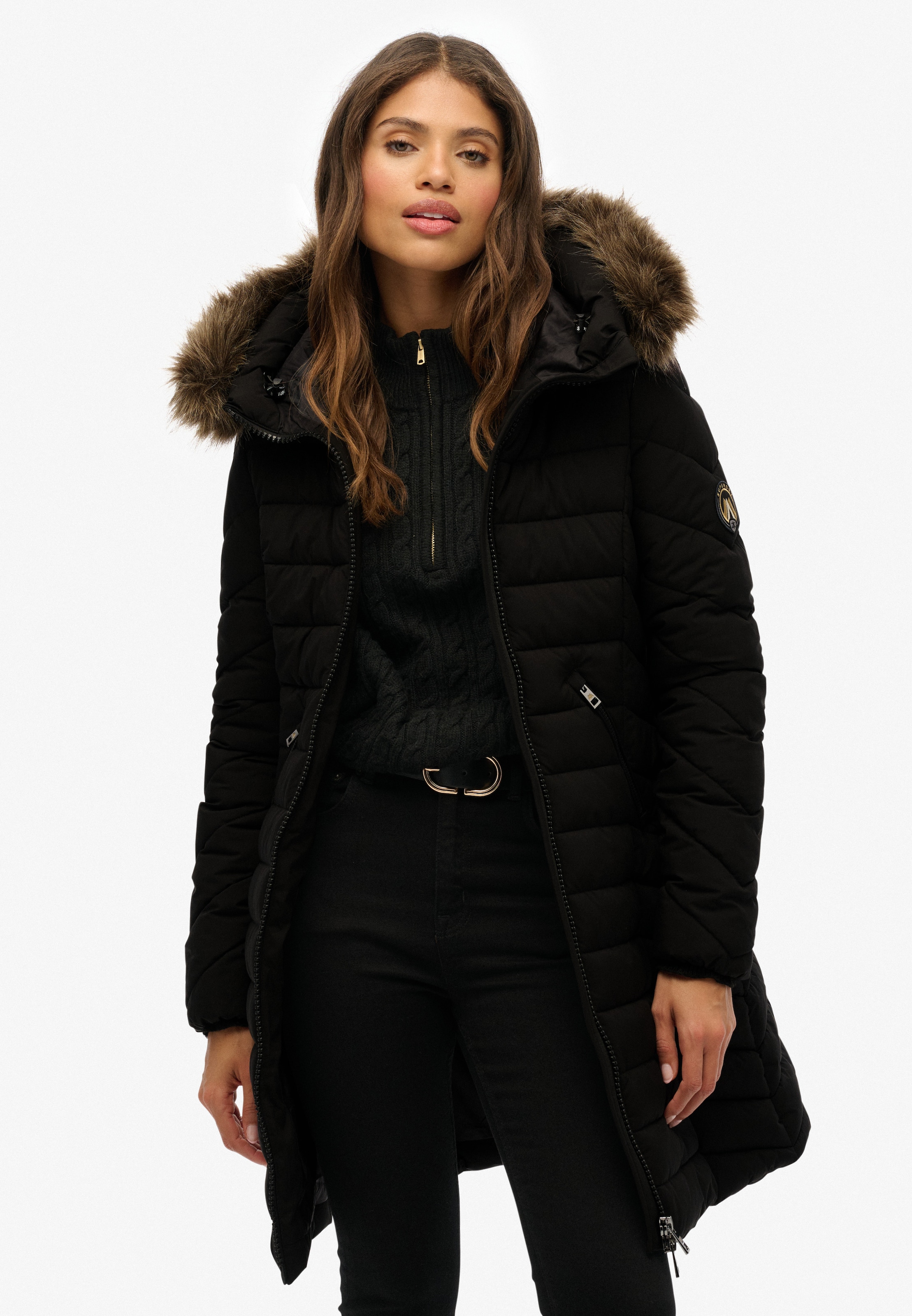 Superdry Steppjacke »FUJI FAUX FUR HOOD MID LENGTH« mit Kapuze