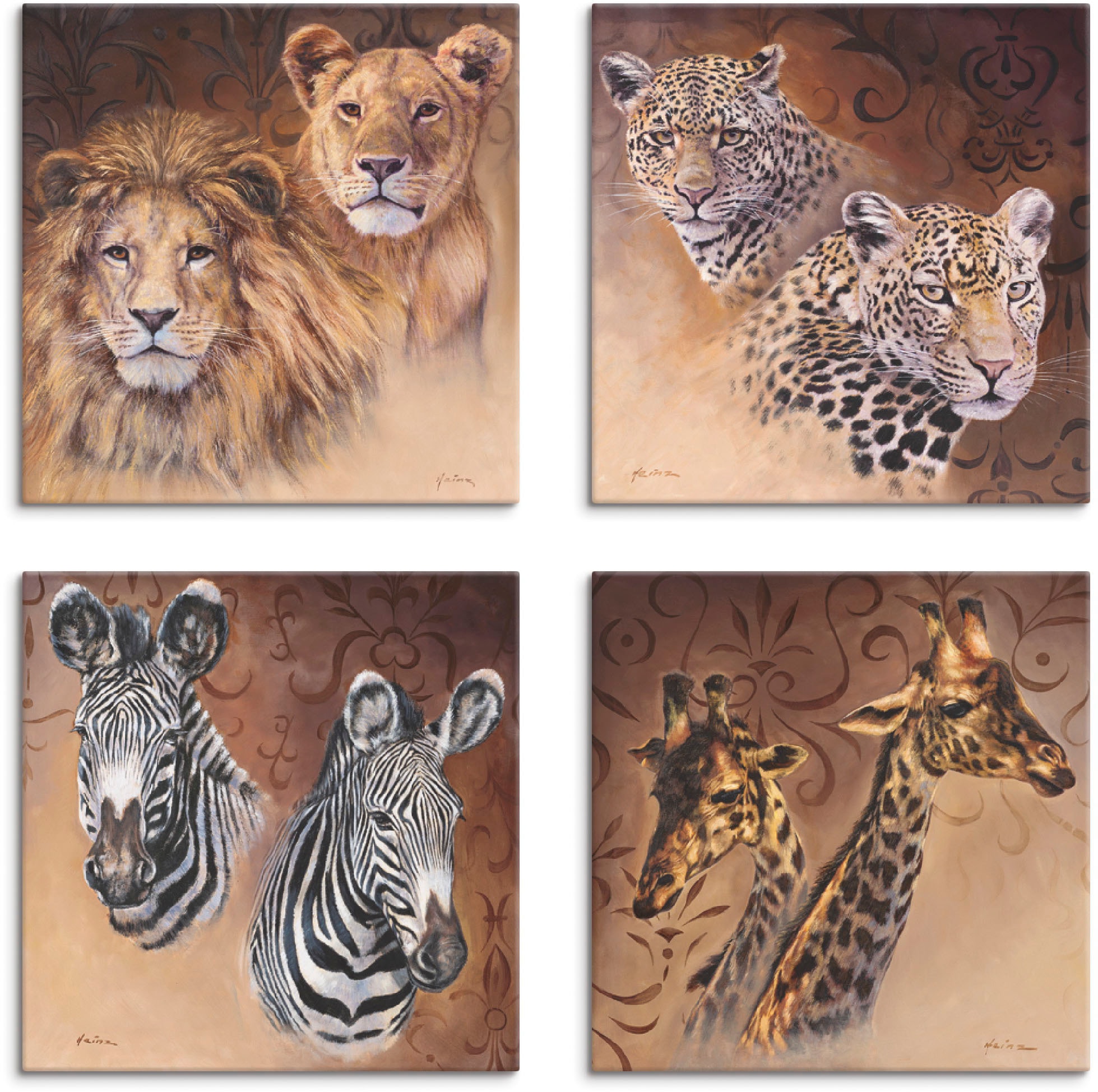 Leoparden Leinwandbild Giraffen«, kaufen Rechnung St.), auf Zebra verschiedene Set, »Löwen Wildtiere, (4 Artland 4er Größen
