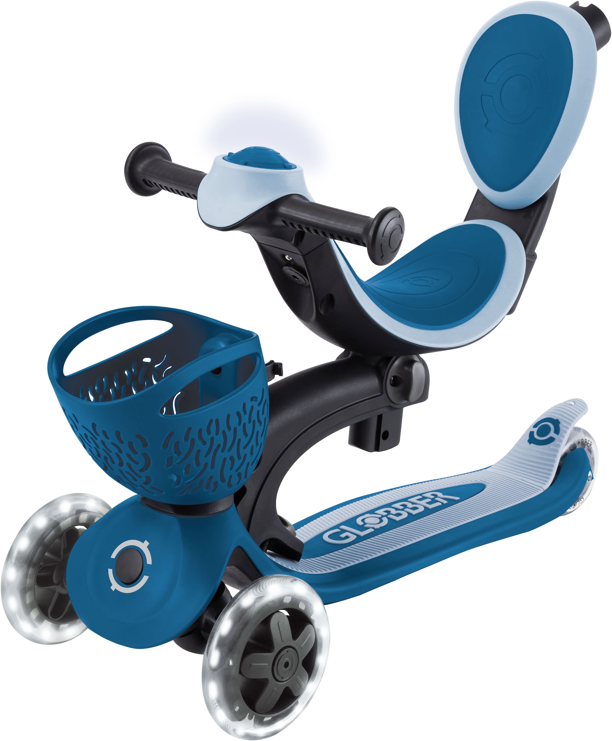 Globber »GO-UP BABY 360 LIGHTS, mit Leuchtrollen und Leuchtmodul« Aufsitzrad, Laufrad und Scooter in Einem