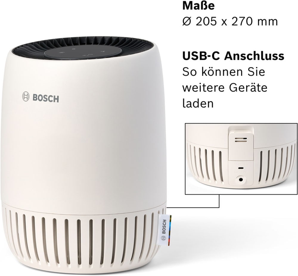 BOSCH Luftreiniger »Air 1000, filtert über 99% der Schadstoffe« für 23 qm Räume mit 3-in-1 Luftfilter, USB-C Anschluss, Automatik- und Ruhemodus