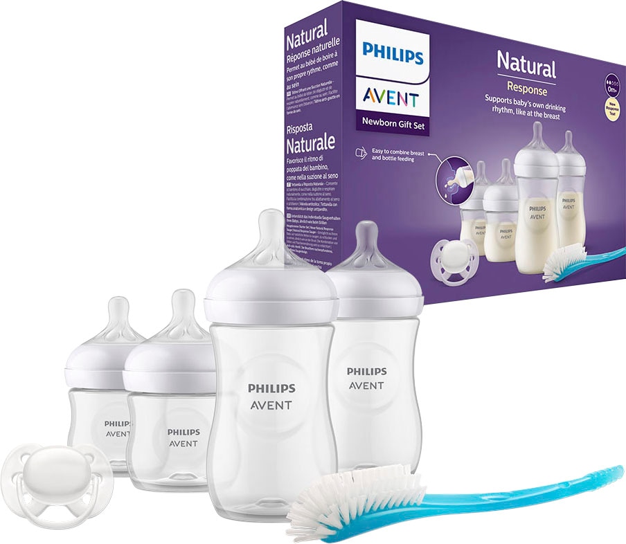 Philips AVENT Babyflasche »Natural Response Starter-Set SCD838/11«, und Flaschenbürste 4 für bei Flaschen, ultra soft Neugeborene ♕ Schnuller
