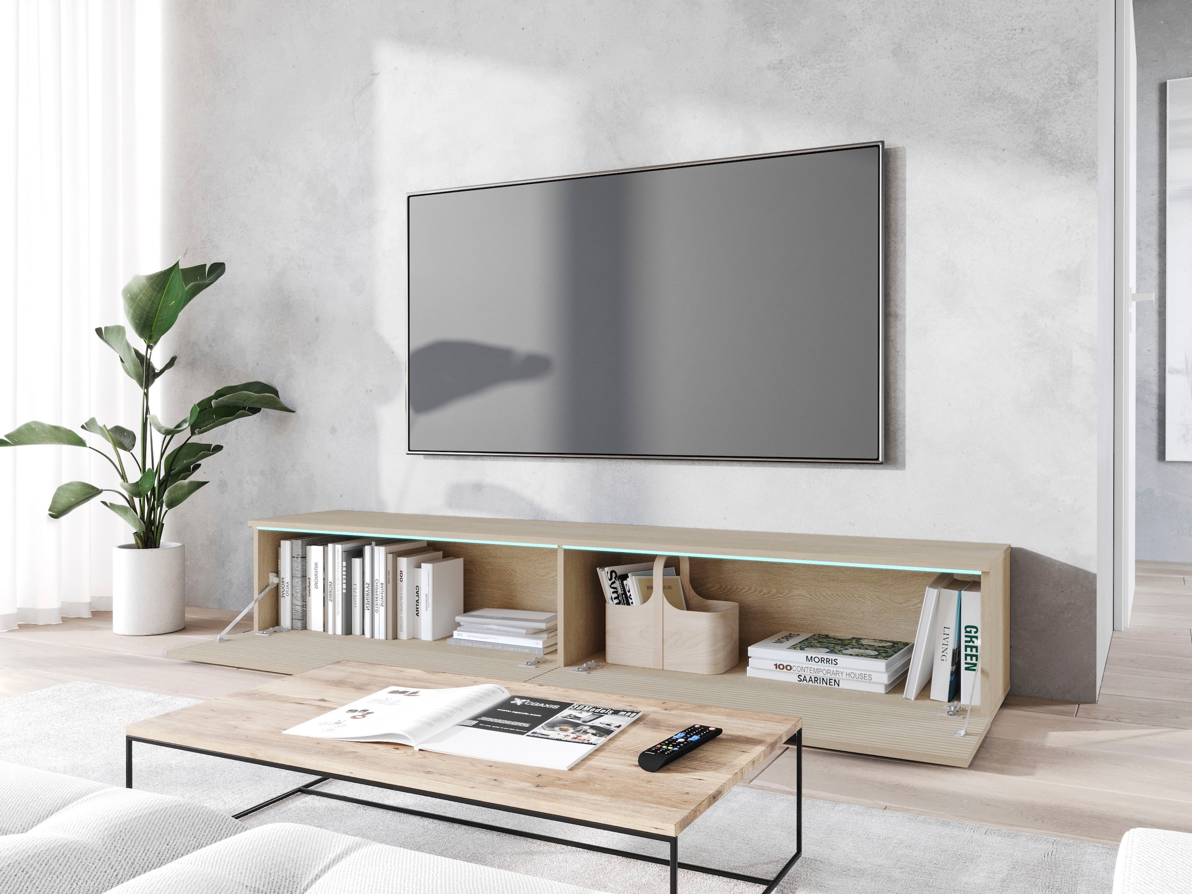 INOSIGN Lowboard »LOWBOARD VERA, wahlweise mit oder ohne Beleuchtung«, Modernes griffloses TV-Board, 180 cm TV-Schrank, stehend und hängend