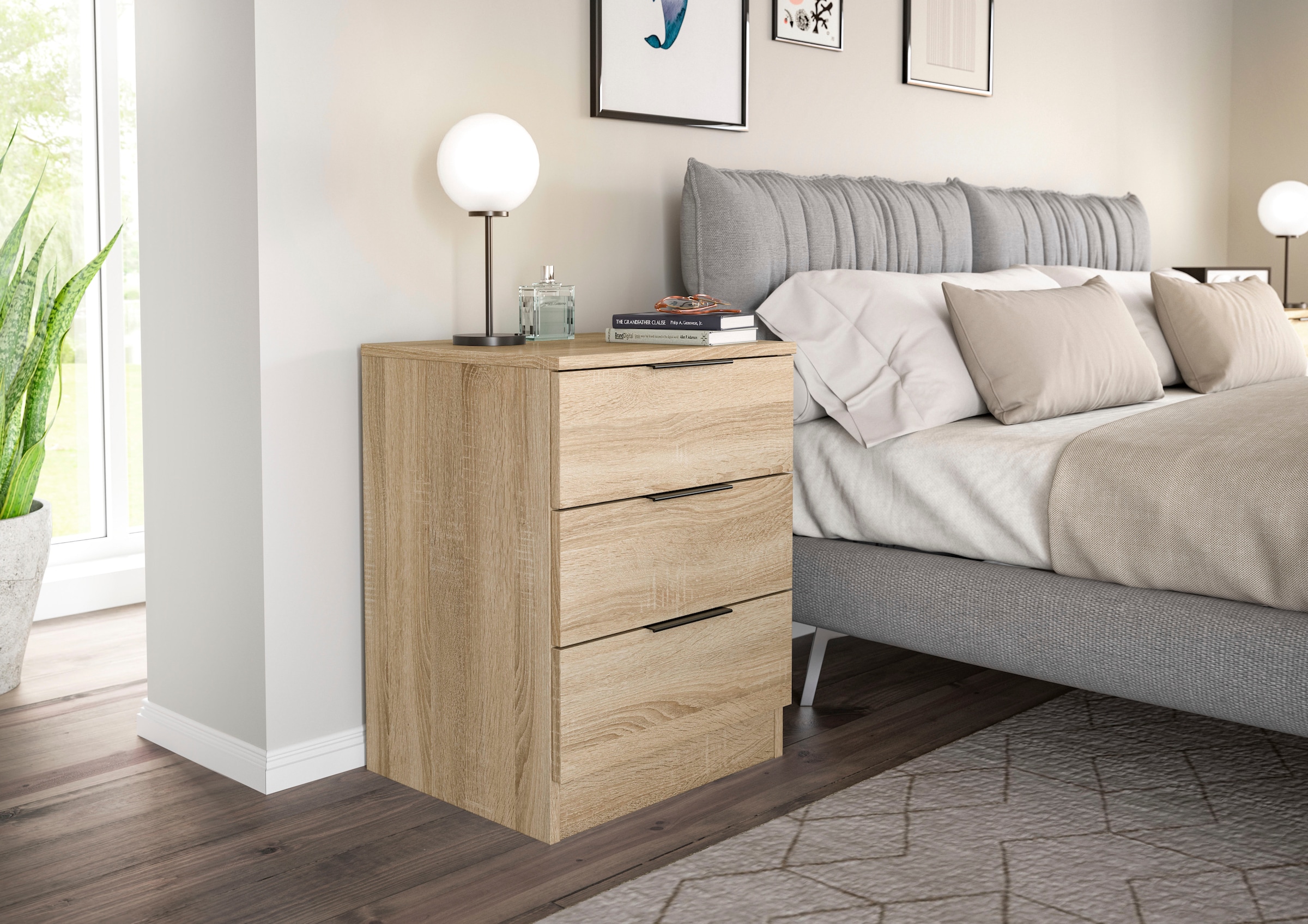 Home affaire Nachtkommode »Skarde 2 Nachttische, jeweils Breite: 45 cm« Set, Sie bekommen 2  Nachttische im Set, 2 Stk. tlg. Skarde, 2er Set Nachtkommoden, 3 Schubkästen, Sonoma Eiche NB