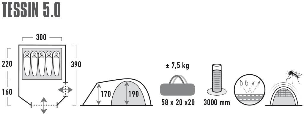 High Peak Kuppelzelt »Zelt Tessin 5.0«, 5 Personen, (mit Transporttasche)