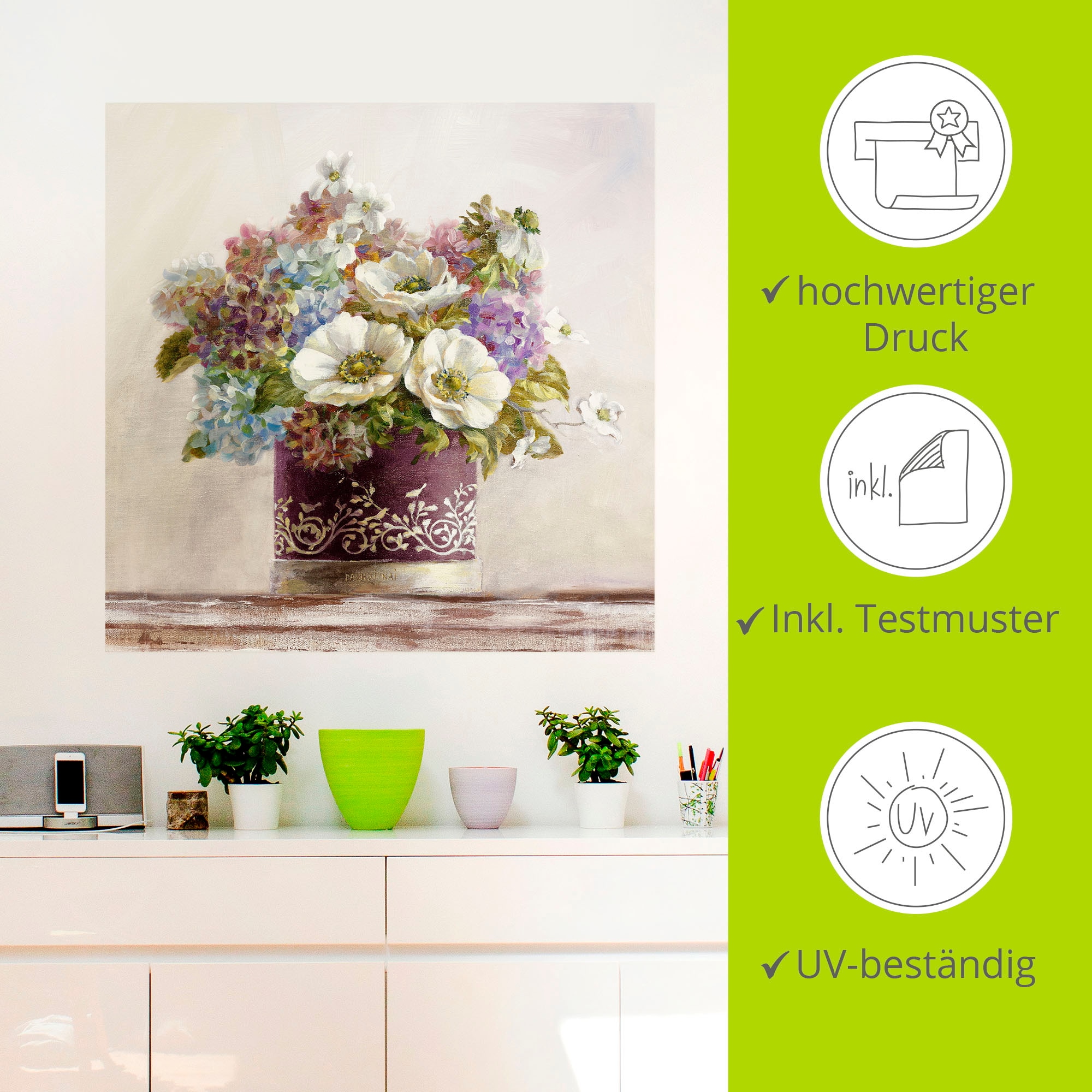 Artland Wandbild »Anemonen in Auberginer Hutschachtel«, Blumen, (1 St.), als Leinwandbild, Poster, Wandaufkleber in verschied. Größen
