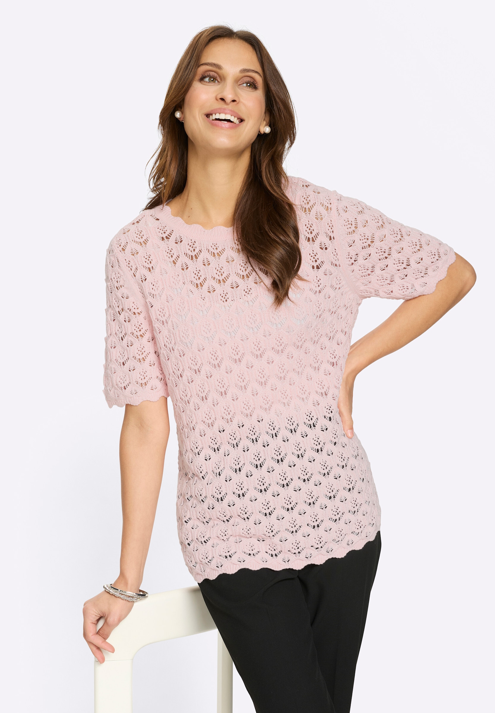 Witt Longpullover »Ajour-Pullover Kurzarmpullover mit gebogten Abschlüssen«