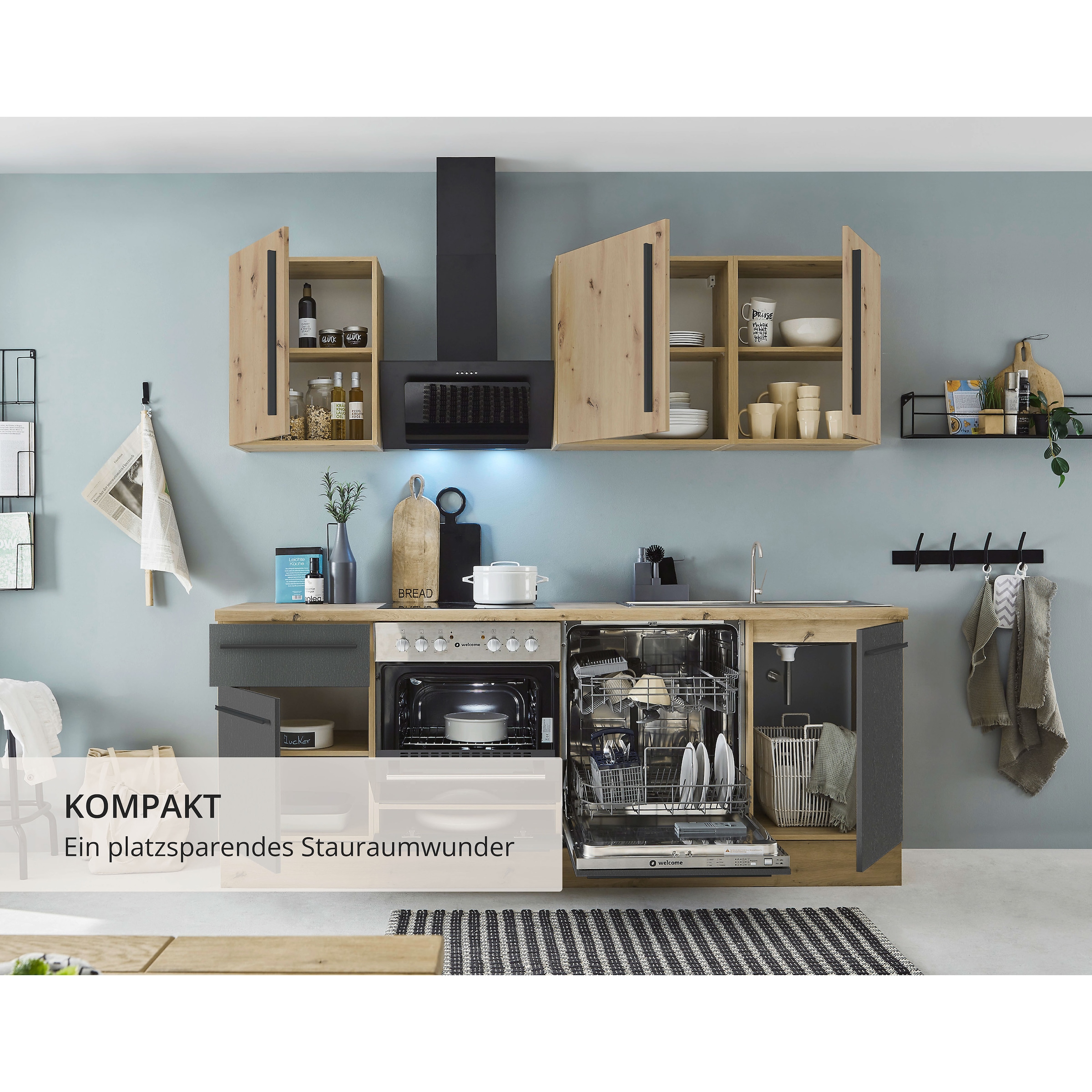 KOCHSTATION Küchenzeile »Florida mit 38mm starker Arbeitsplatte«, Breite 220 cm, wahlweise mit E-Geräten, Soft-Close-Funktion