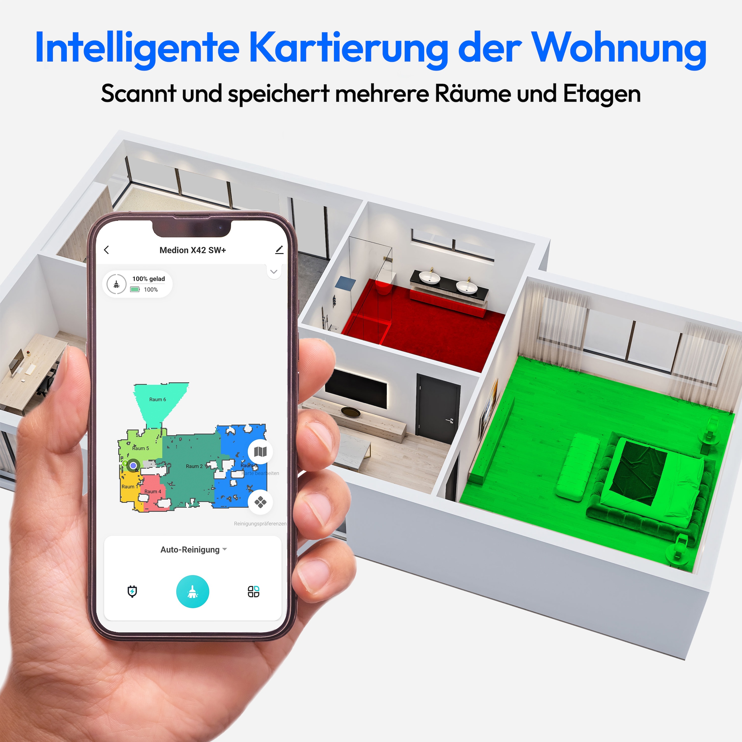 Medion® Saugroboter »X42 SW+ mit Absaugstation, 8.000 Pa Saugleistung, 240min Laufzeit«, Nass- und Trocken Saugroboter, Teppicherkennung, Lasernavigation