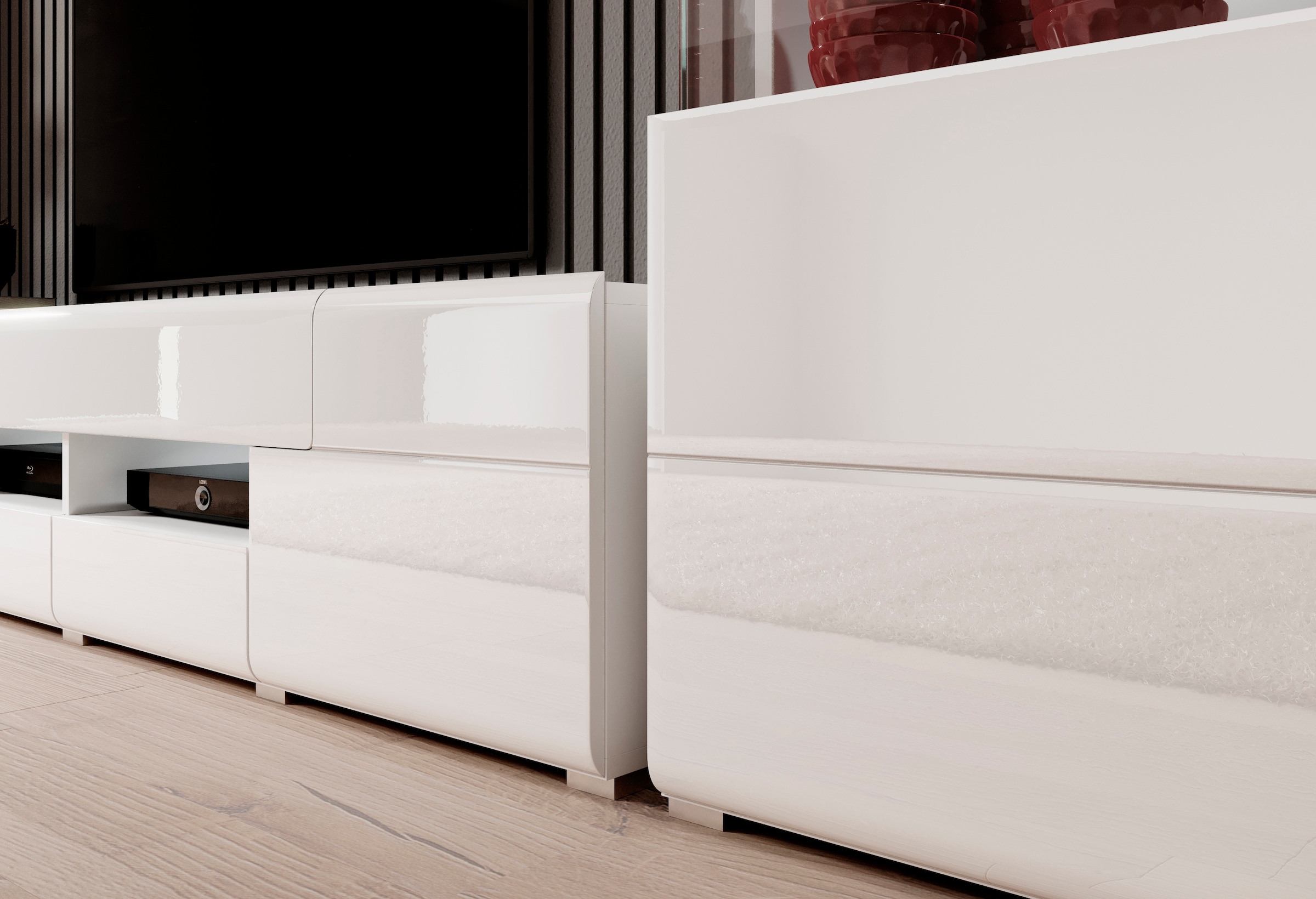 INOSIGN Wohnwand »Toledo,Breite 391cm stilvolle Mediawand ohne Beleuchtung«, (Set, 5 St.), Anbauwand(Vitrine,Lowboard,Highboard,2xHängeregal)MDF Hochglanzfronten